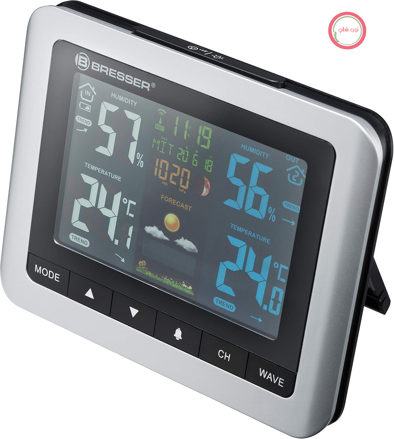 ایستگاه هواشناسی بی‌سیم Bresser 7007510 با سنسور خارجی MeteoTemp WTM با دماسنج داخلی و خارجی، رطوبت‌سنج، فشار هوا، فازهای ماه و پیش‌بینی آب و هوا، خاکستری