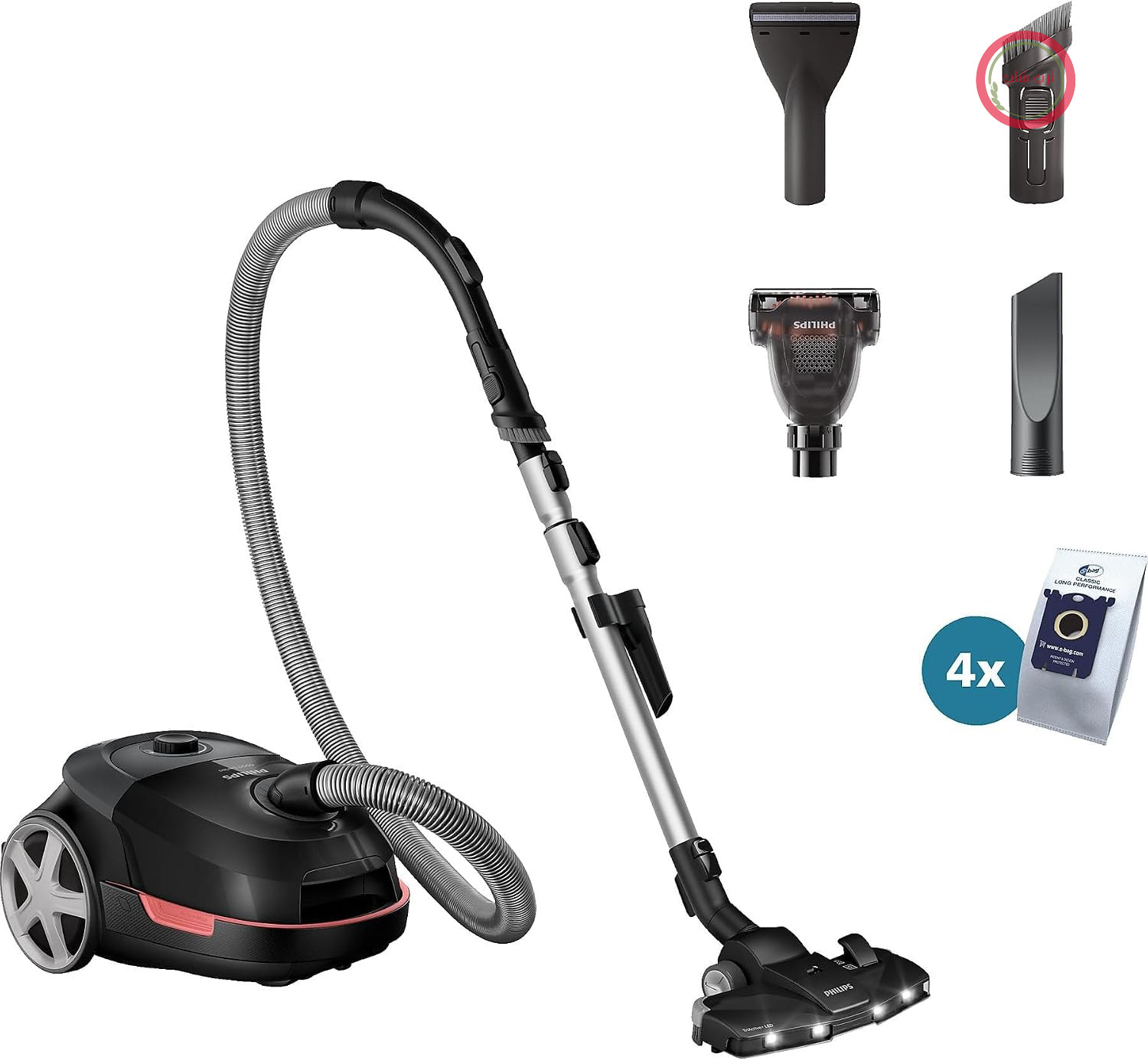 جاروبرقی کیسه‌دار فیلیپس سری 6000، مشکی، 900 وات | شعاع عملکرد 9 متر، نازل LED TriActive+، برس توربو کوچک، فیلتر HEPA، قدرت مکش متغیر، شامل 4 کیسه (XD6142/12)