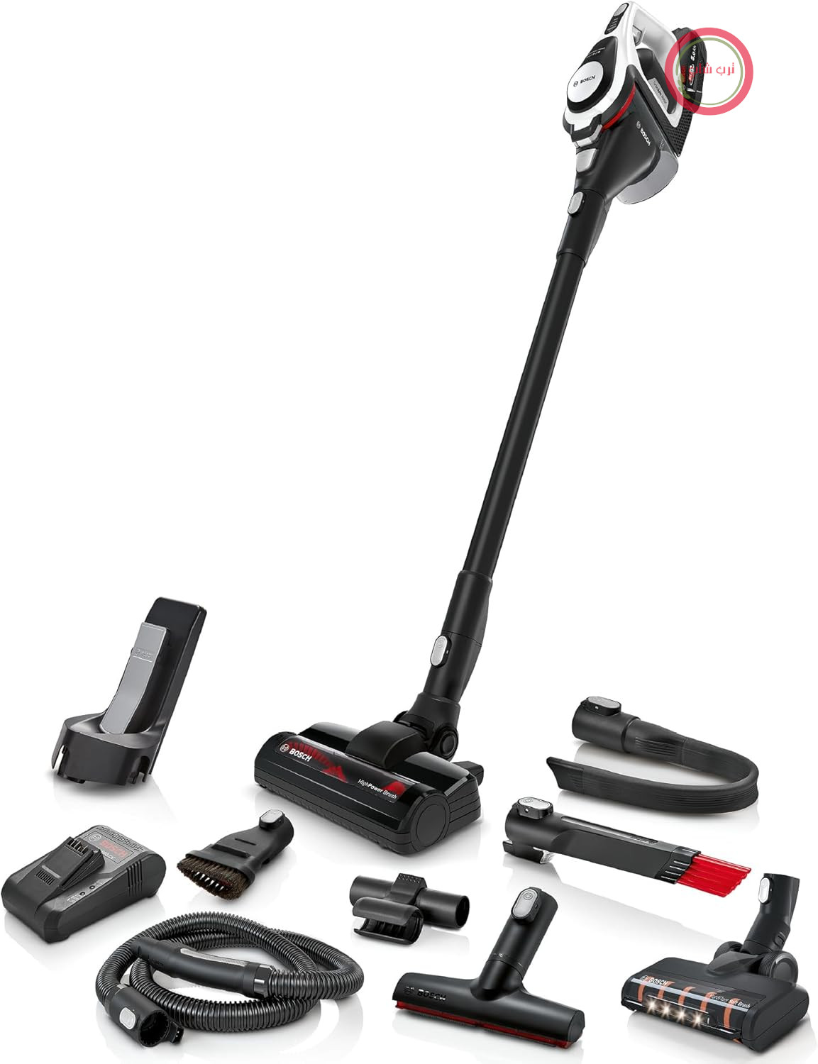 جاروبرقی بی‌سیم بوش سری ۸ Unlimited Gen2 مدل BSS825ALL، بدون کیسه، تا ۴۵ دقیقه کارکرد، باتری قابل تعویض، شارژر سریع، نازل نرم مخصوص کف سخت با LED، نازل مخصوص مبلمان XXL، نازل مخصوص درز و شکاف، سفید