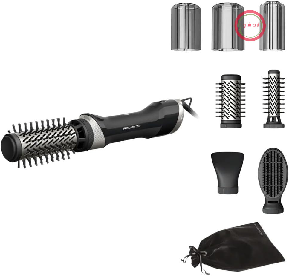 برس چرخشی هوای گرم Rowenta UB9540F0، 1000 وات، جت هوای سرد، مولد یون، پوشش سرامیکی، 2 برس چرخشی، 1 برس ثابت 30 میلی‌متری، 1 متمرکزکننده هوا، دارای پوشش، مشکی/نقره‌ای