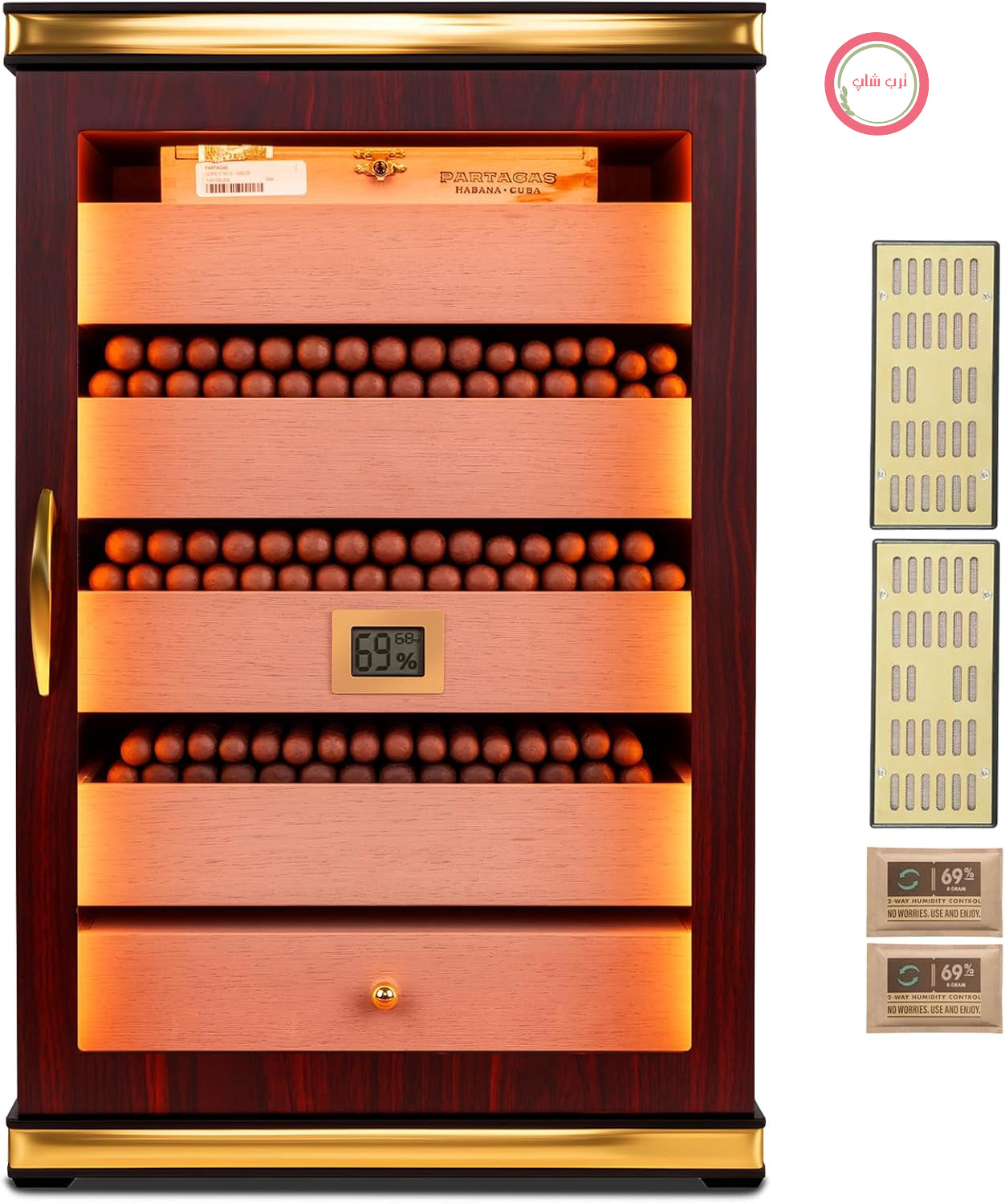 کابینت رطوبت گیر سیگار با رطوبت سنج دیجیتال، رطوبت ساز، 5 کشوی سرو، چراغ سه طرفه، گنجایش 500 سیگار برگ مردانه
