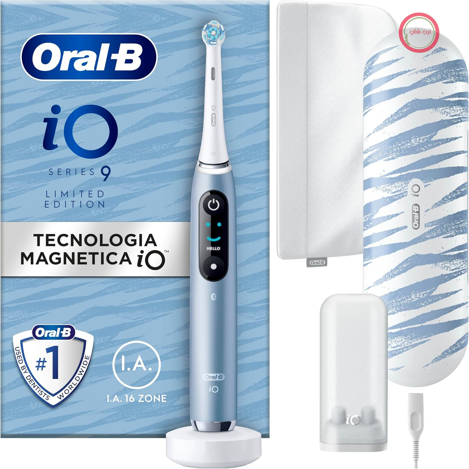 مسواک برقی اورال بی Oral-B iO Series 9 Special Edition، دارای بلوتوث، 7 حالت تمیز کردن، 1 کیف مسافرتی، 1 کیف، رنگ آبی فیروزه‌ای