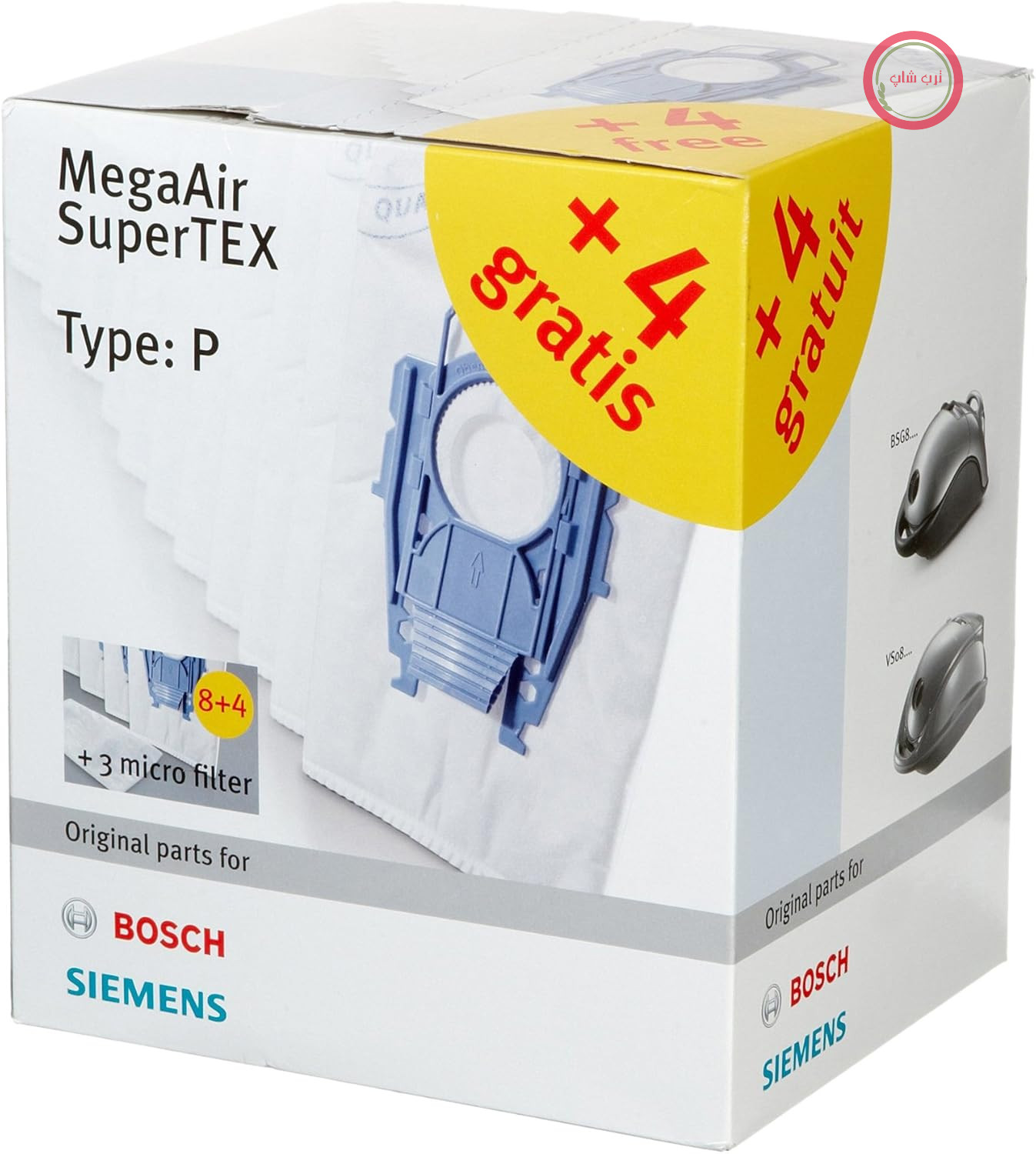 کیسه‌های جاروبرقی بوش ۱۲ عددی نوع P و ۳ عدد میکروفیلتر MegaAir SuperTEX BBZ123FP، فیلتراسیون ۹۹.۹٪ گرد و غبار ریز، عملکرد تمیزکنندگی بالا، مناسب برای سری BSG