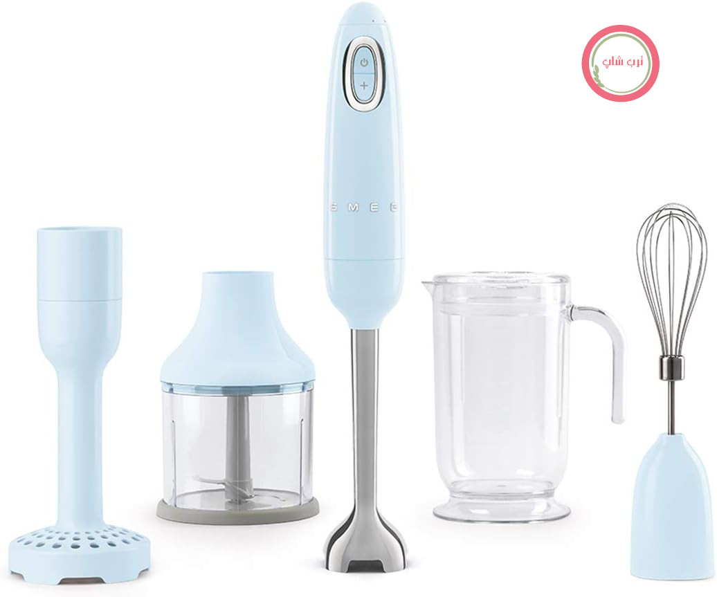 مخلوط کن دستی Smeg HBF02PBEU، عملکرد توربو و سیستم برش Flowblend، با دسته ضد لغزش، محفظه سیم داخلی، شامل لوازم جانبی، قدرت 700 وات، آبی پاستلی