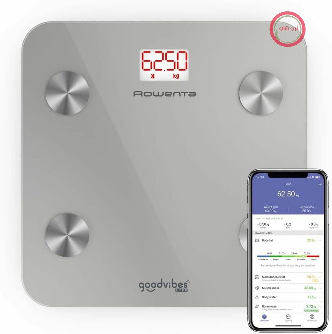 ترازوی دیجیتال حمام روونتا آلمان هوشمند Rowenta Goodvibes Life BR9600 با قابلیت اندازه‌گیری چربی بدن و BMI، صفحه نمایش LED بزرگ، سکوی شیشه‌ای، ظرفیت تا 160 کیلوگرم