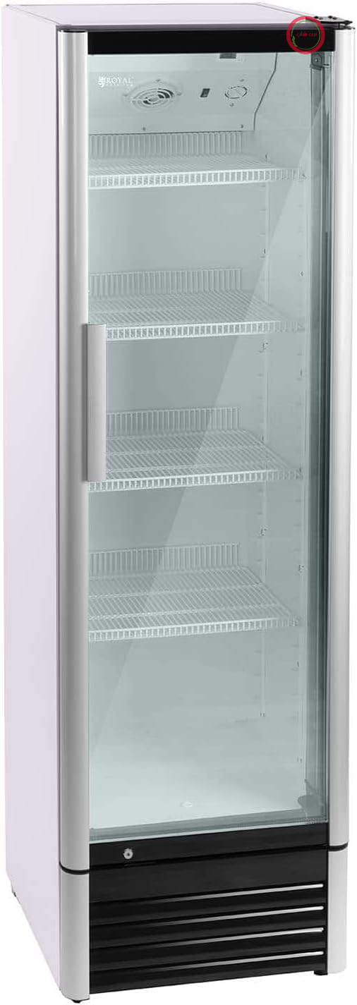یخچال بطری Royal Catering مدل Beverage Cooler با درب شیشه‌ای RCGK-W320 (320 لیتر، 210 وات، 4 طبقه، درب لولایی قفل‌دار، محدوده دما 2 تا 8 درجه سانتیگراد) آلومینیومی