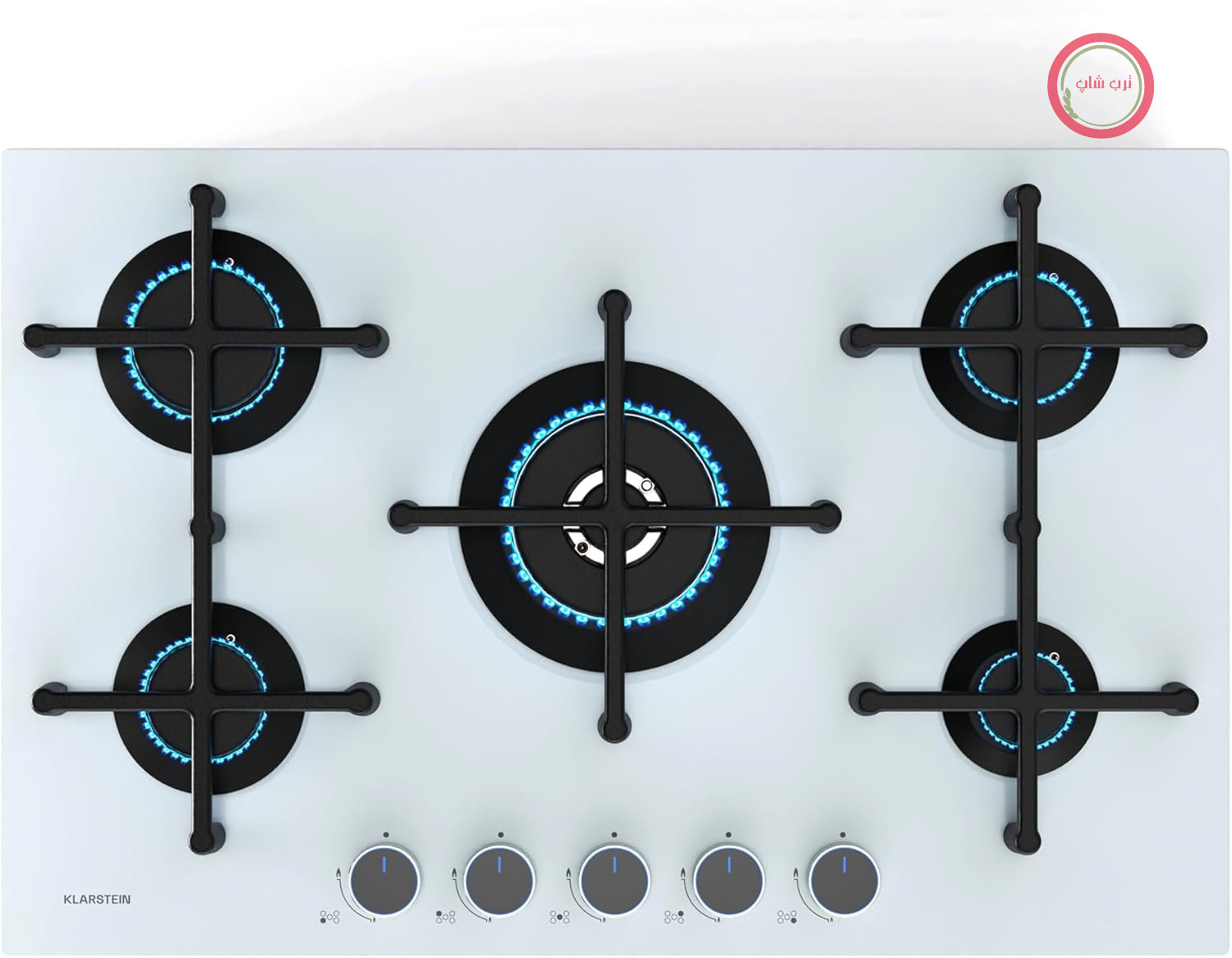 اجاق گاز رومیزی Klarstein Illuminosa 5، 5 شعله Sabaf، شعله وک 4 کیلوواتی، شیشه سکوریت، سیستم جرقه زنی الکتریکی، محافظ شعله، پایه‌های چدنی قابلمه، عرض 76 سانتی‌متر، عملکرد پخت بهبود یافته