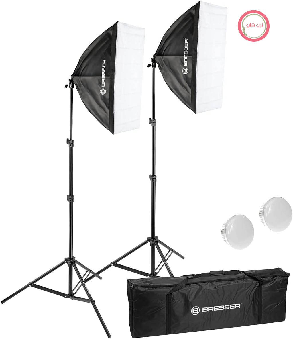 مجموعه نور روز LED Bresser BR-225B – 2 عدد سافت باکس 50 وات 50x70 سانتی متر، چراغ های استودیویی 5500K، شامل سه پایه و کیف، نورپردازی استودیویی عکس برای پرتره، محصول و ویدیو | 2 لامپ LED 50 وات هر کدام، 5500 کلوین، CRI بالای 85، پخش کننده نور، سه پایه تا 180 سانتی متر، کیف حمل، عکاسی و فیلمبرداری