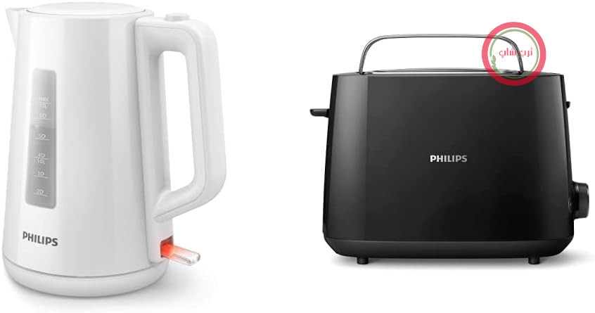 کتری فیلیپس HD9318/00 سری 3000، 1.7 لیتر، درب فنری، صفحه نمایش LED، سفید و توستر HD2581/90، گرمکن نان یکپارچه، 8 سطح برشته کردن، مشکی