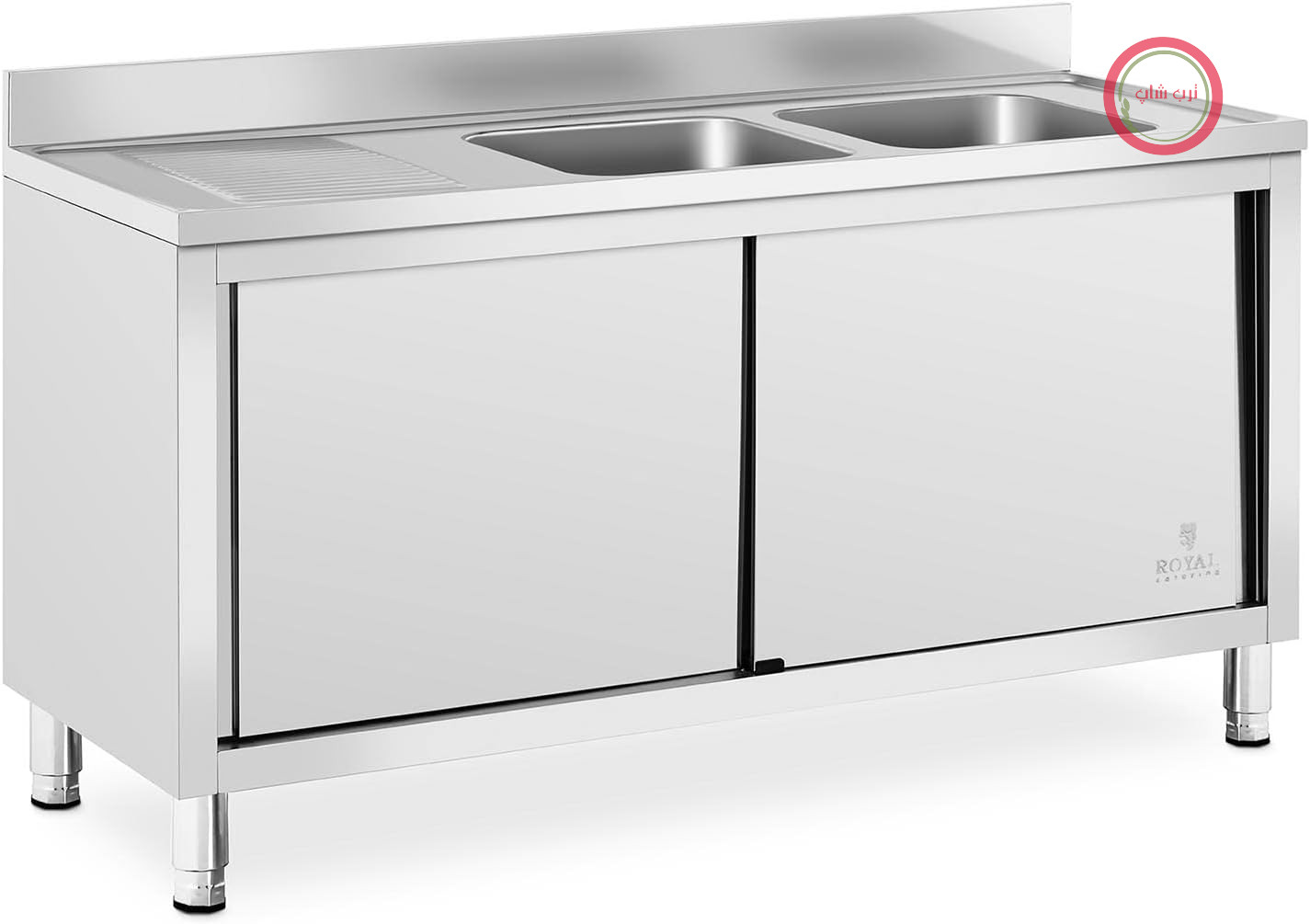 کابینت روشویی دو کاسه صنعتی رویال کترینگ آلمان Royal Catering RC-IKS03 استیل ضد زنگ، ابعاد 400 در 400 در 250 میلی‌متر، کابینت پایه روشویی