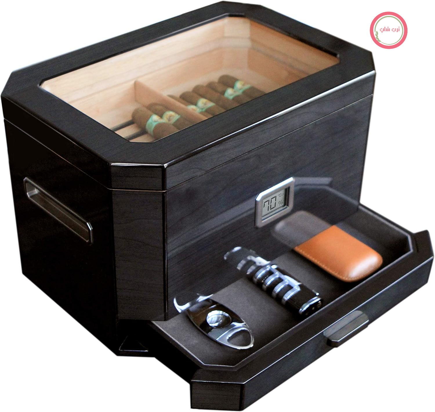 رطوبت‌گیر بزرگ چوب سدر مدل CASE ELEGANCE، مشکی، اکتودور با رطوبت‌سنج دیجیتال، سیستم رطوبت‌سنجی و کشوی لوازم جانبی - گنجایش ۵۰ تا ۱۰۰ سیگار