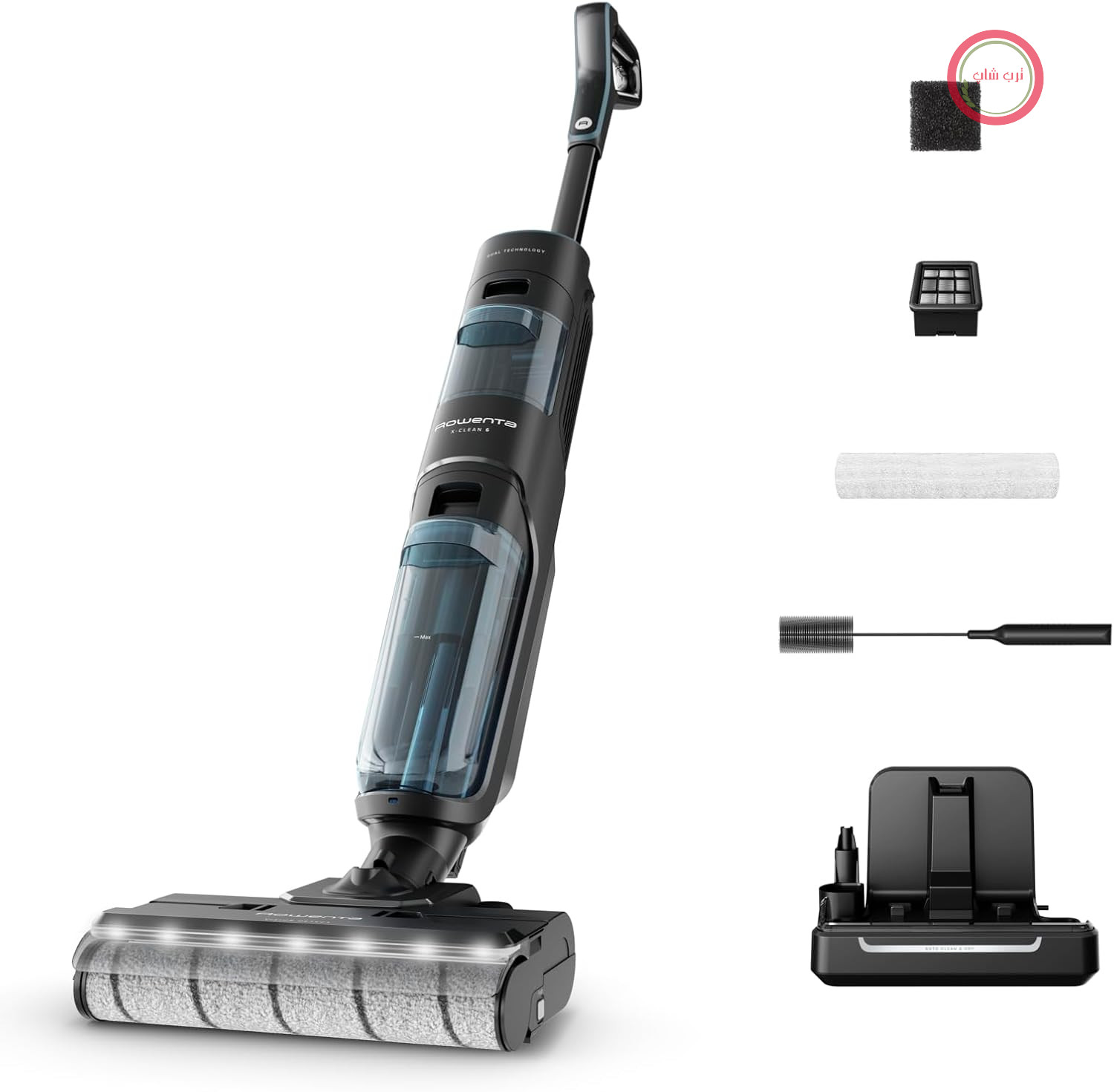 جارو شارژی روونتا آلمان بی‌سیم Rowenta X-Clean 5، تمیزکننده خودکار، تنها ۱.۱ کیلوگرم در دست، دستیار صوتی، صفحه نمایش LED، ۱۷۰ وات، ۵۰ دقیقه کارکرد، مشکی/آبی، GZ5555EE