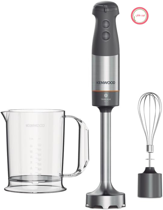 گوشت کوب برقی کنوود انگلستان Kenwood Triblade XL+ HBM60.002GY - مخلوط کن غوطه وری با سیستم TriBlade، سرعت قابل تنظیم و عملکرد توربو، شامل همزن و پیمانه، 1000 وات، سفید