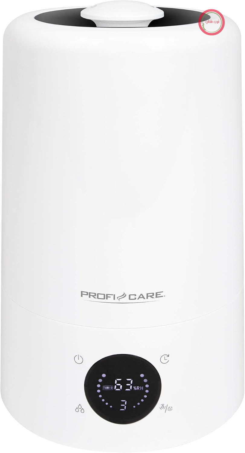 رطوبت ساز پروفی‌کر آلمان ProfiCare PC-LB 3077، فناوری اولتراسونیک برای اتاق‌هایی تا 60 متر مربع، فیلتر کربن فعال، مخزن آب 5 لیتری، 3 حالت عملکرد، صفحه نمایش LED چند منظوره، کنترل لمسی حسگر، سفید