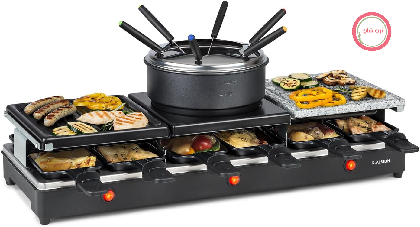 Klarstein Fonduelette XL - گریل و فوندوی راکلت ۳ در ۱، ۱۶۵۰ وات: صفحه فلزی/سنگ طبیعی/کرپ، ۳ المنت گرمایشی استیل ضد زنگ جداگانه، برای حداکثر ۱۲ نفر، روکش نچسب، مشکی
