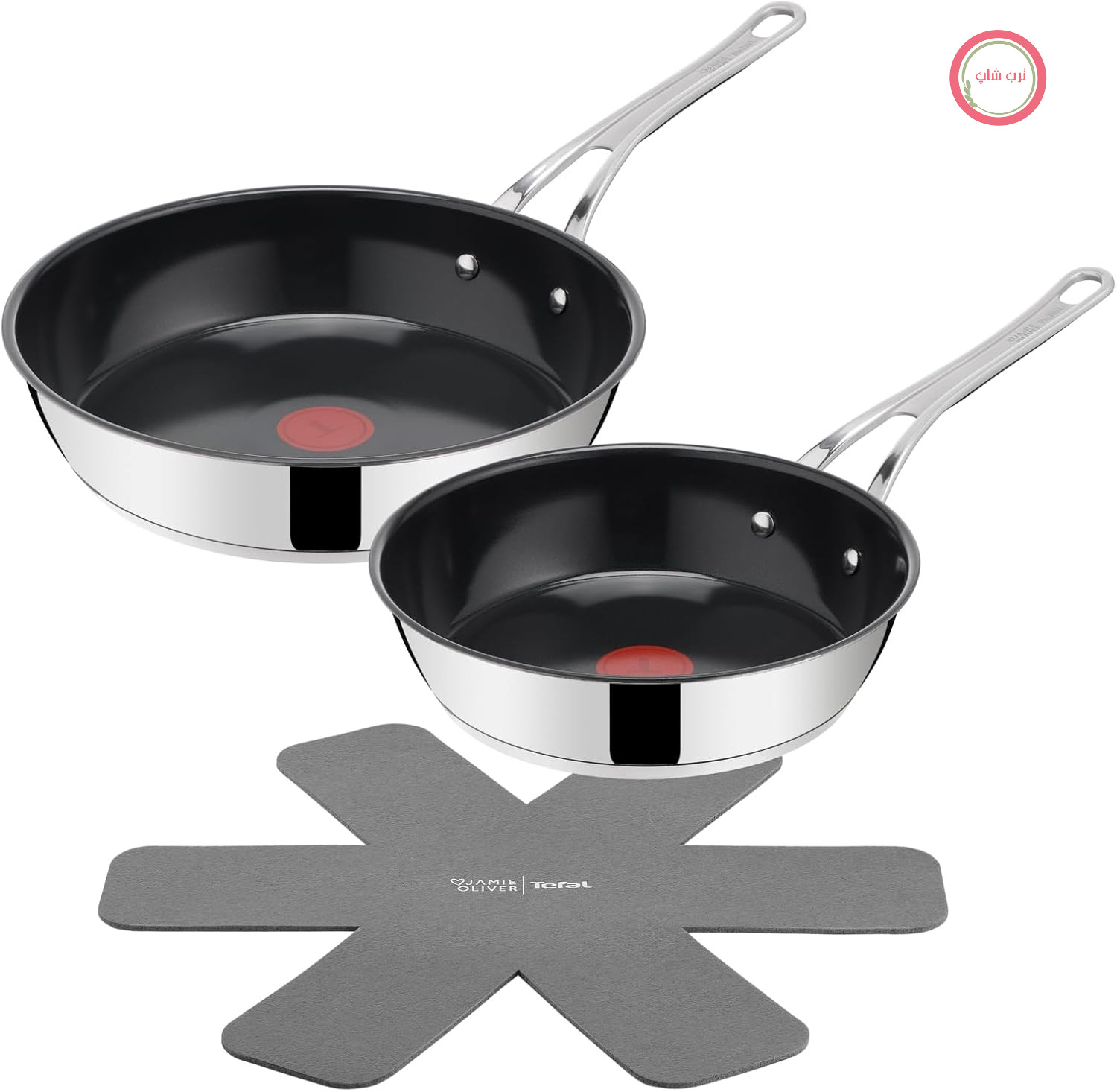 سرویس ماهیتابه تفال مدل Jamie Oliver Classic Cook سایز 24/28 سانتی‌متر، شامل محافظ ماهیتابه، روکش سرامیکی نچسب، ترموسیگنال، مناسب برای انواع اجاق گاز، استیل ضد زنگ، H881S355
