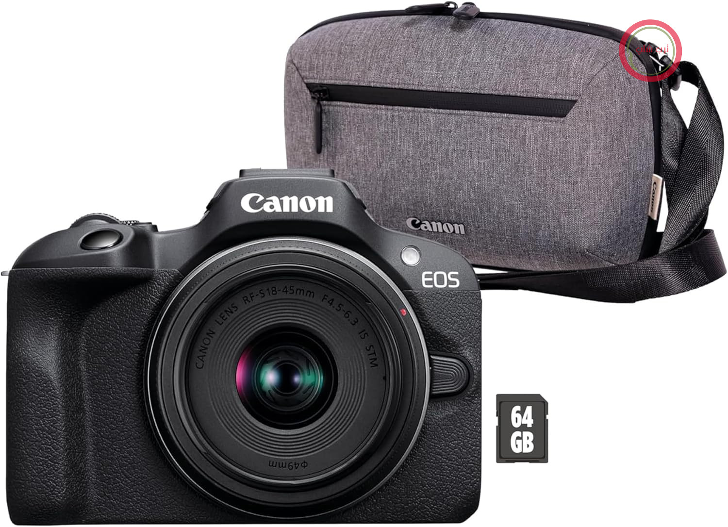 دوربین عکاسی و فیلم‌برداری کانن ژاپن EOS R100 + لنز RF-S 18-45mm F4.5-6.3 is STM + کیف دوربین + کارت حافظه SD 64 گیگابایتی (دوربین دیجیتال بدون آینه، دوربین فیلمبرداری 4k، 24.1 مگاپیکسل، لرزشگیر تصویر، حلقه کنترل لنز، Wi-Fi) مشکی