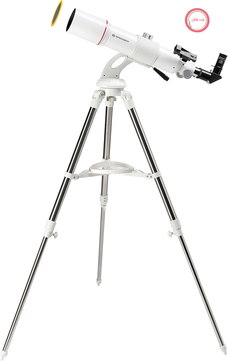 تلسکوپ شکستی Bresser NANO AR-80/640 با سه‌پایه، پایه AZ برای حمل آسان، آداپتور دوربین گوشی هوشمند و لوازم جانبی گسترده برای مبتدیان، سفید