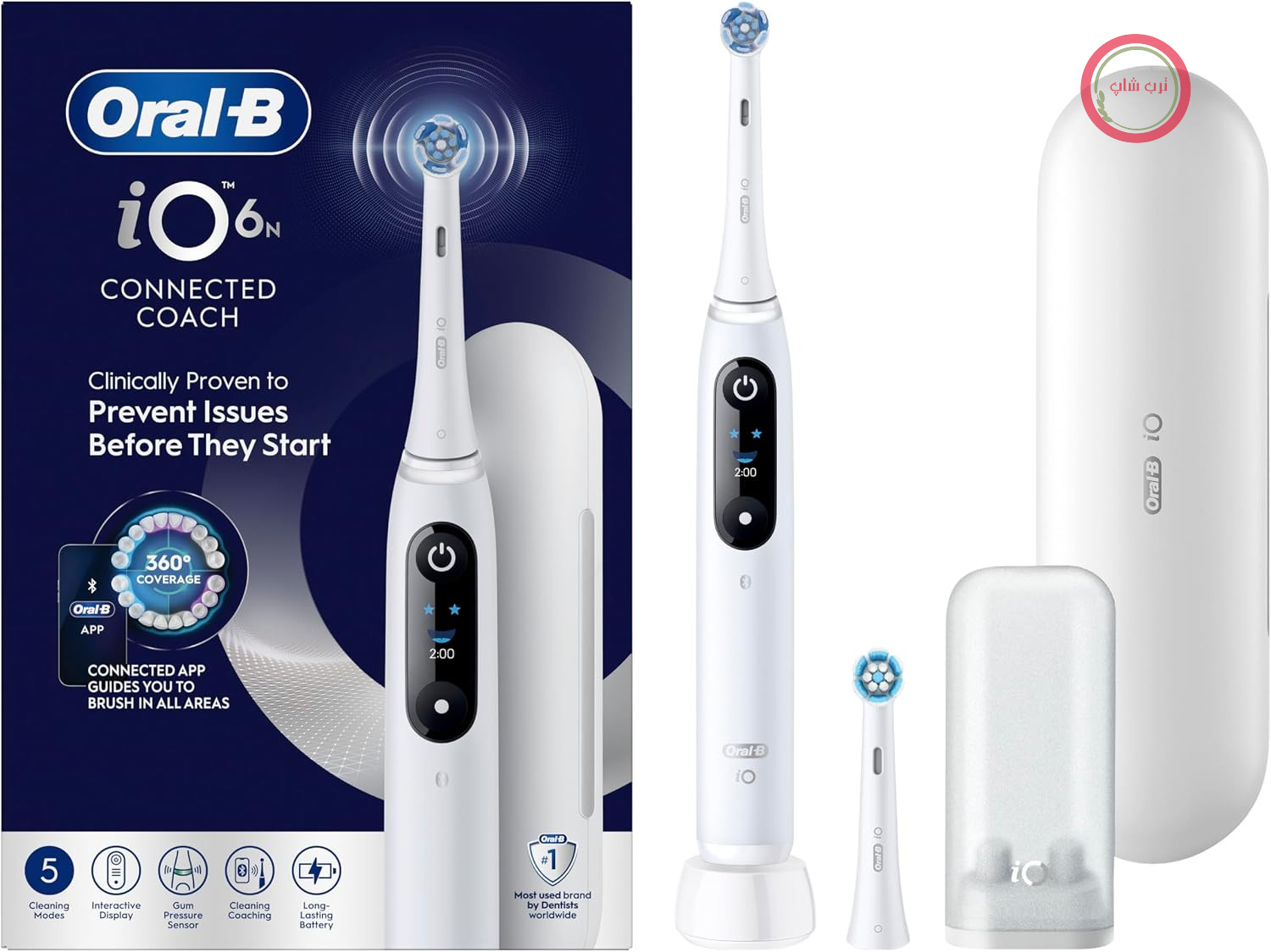 مسواک برقی اورال بی Oral-B Pro 6، 2 سر برس جایگزین، سفید - 5 حالت تمیز کردن، از جمله سفید کردن و مراقبت از لثه، حسگر فشار، باتری قابل شارژ، صفحه نمایش تعاملی، کیف