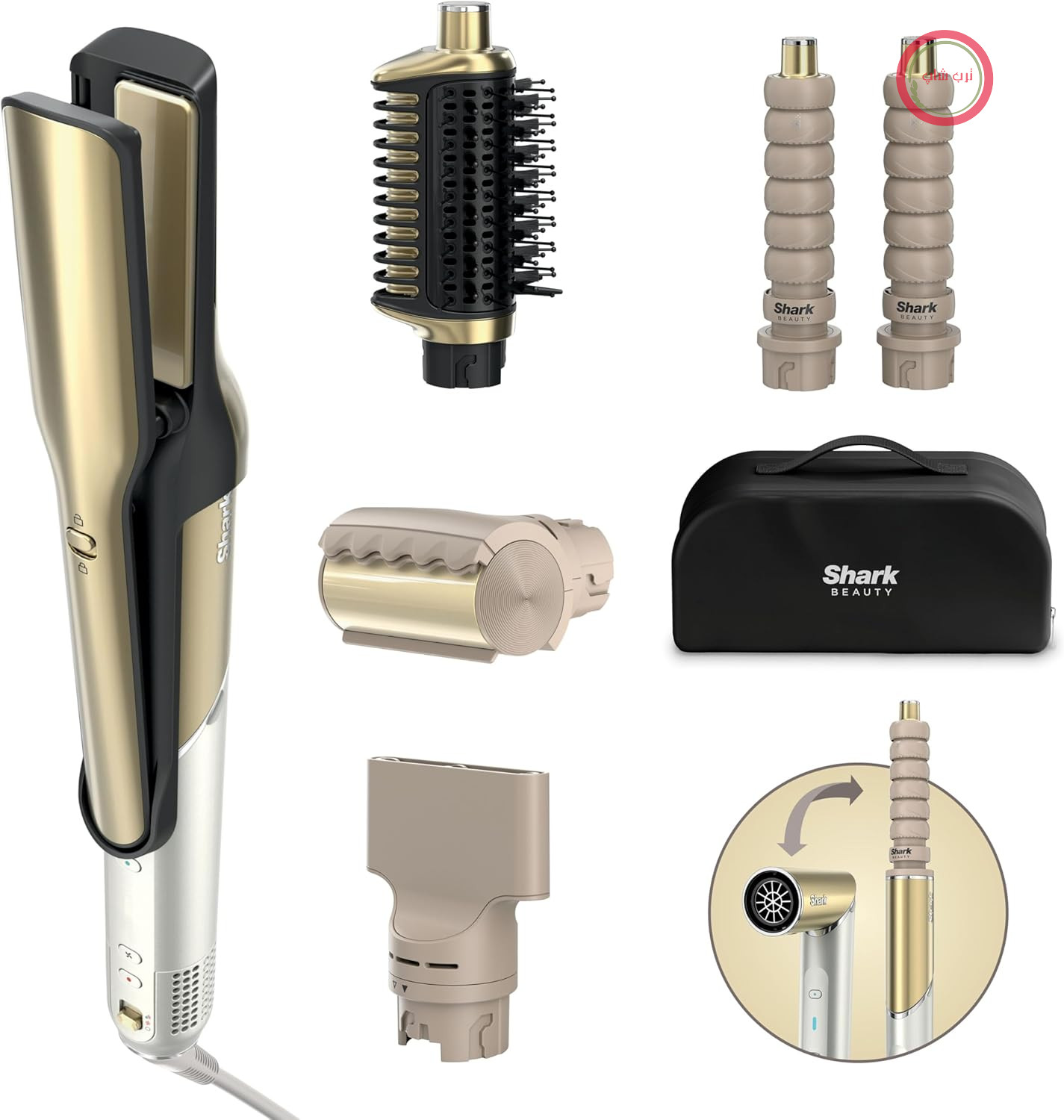 سشوار و حالت دهنده موی Shark Glam برای موهای صاف، موج دار و فر، با سرامیک با کنترل حرارت، فناوری Gloss-Lock و لوازم حالت دهنده از جمله Silki و Glossi.