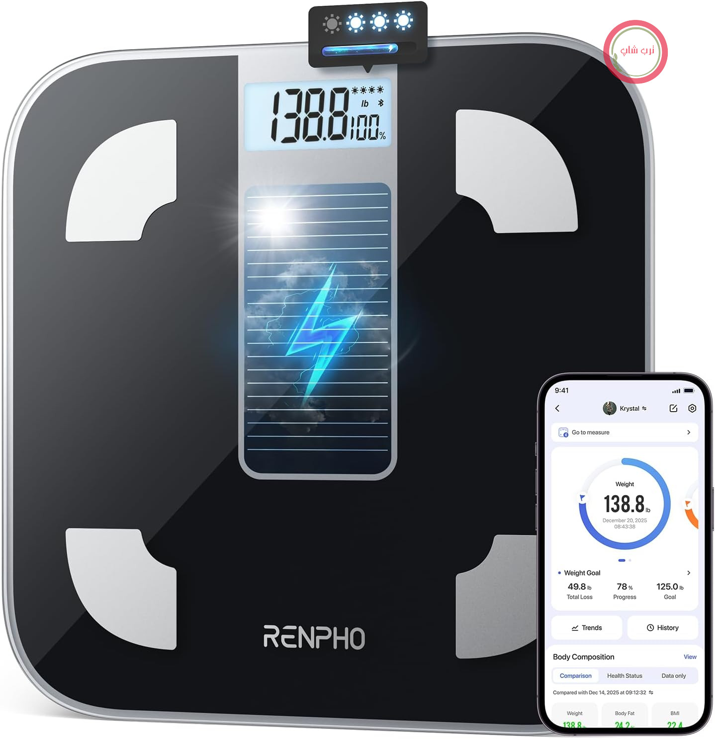 ترازوی حمام دیجیتال رنفو آمریکا RENPHO، ترازوی خورشیدی بدون باتری، ۱۸۰ کیلوگرم