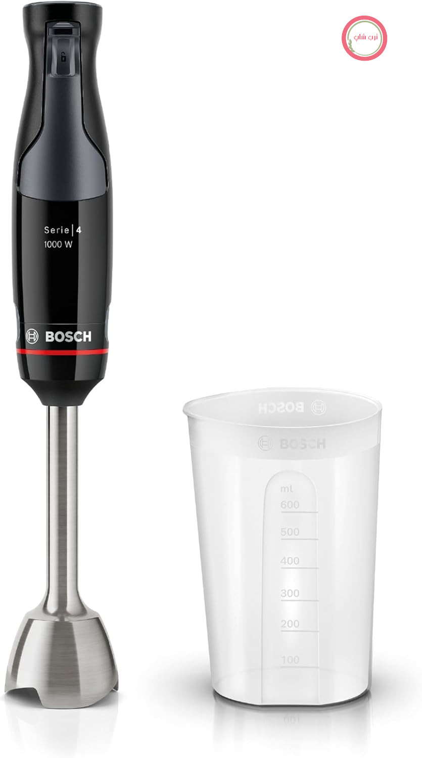 مخلوط کن دستی Bosch ErgoMaster سری 4، با ظرف مخلوط کن، تیغه های استیل ضد زنگ، کوپلینگ سرامیکی بادوام و ضد سایش، قفل ایمنی، 1000 وات، مشکی، MSM4B610