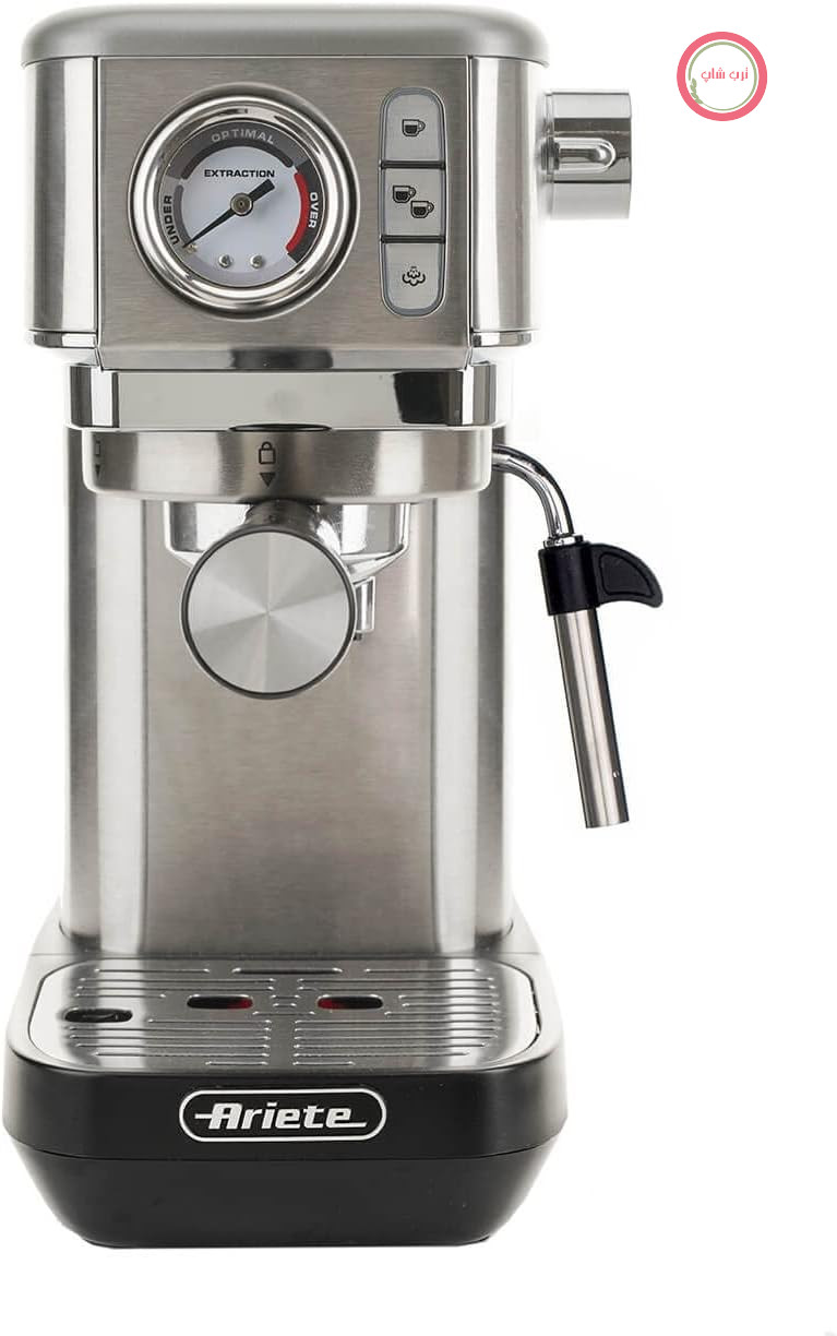 دستگاه قهوه ساز Ariete Espresso Slim Metal 1381 با مانومتر، سازگار با قهوه آسیاب شده و کپسول‌های ESE، حداکثر ۱۵ بار، فیلتر ۱ یا ۲ فنجان، نازل کاپوچینو، ۱۳۰۰ وات، نقره‌ای