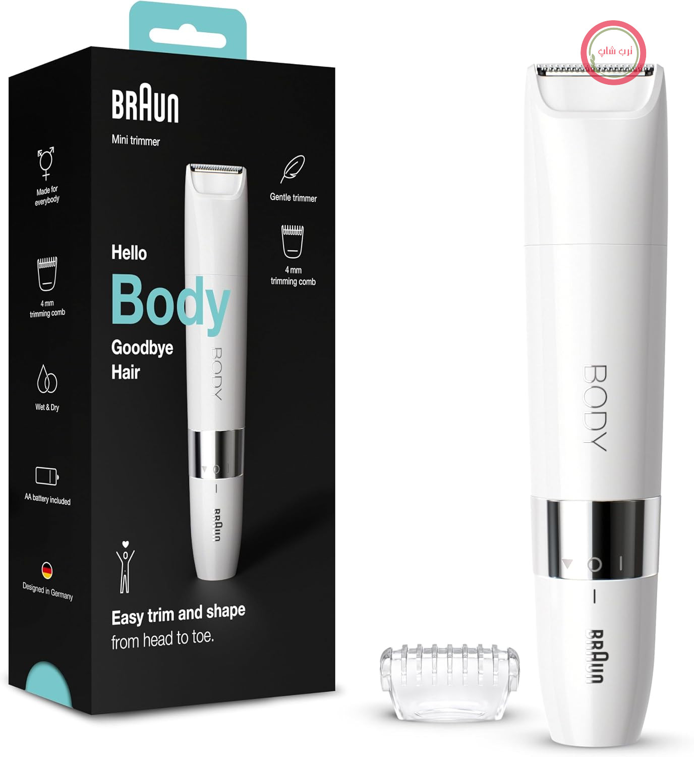 ماشین اصلاح بدن براون مدل Mini Trimmer، ریش‌تراش برقی بدن با سری مخصوص بانوان و آقایان، اصلاح دقیق موهای زائد خط بیکینی، زیر بغل، سینه، قابل استفاده در حال حرکت، خشک و مرطوب، BS1000، سفید | با سری مخصوص بانوان و آقایان، اصلاح دقیق موهای زائد خط بیکینی، زیر بغل، سینه، قابل استفاده در حال حرکت