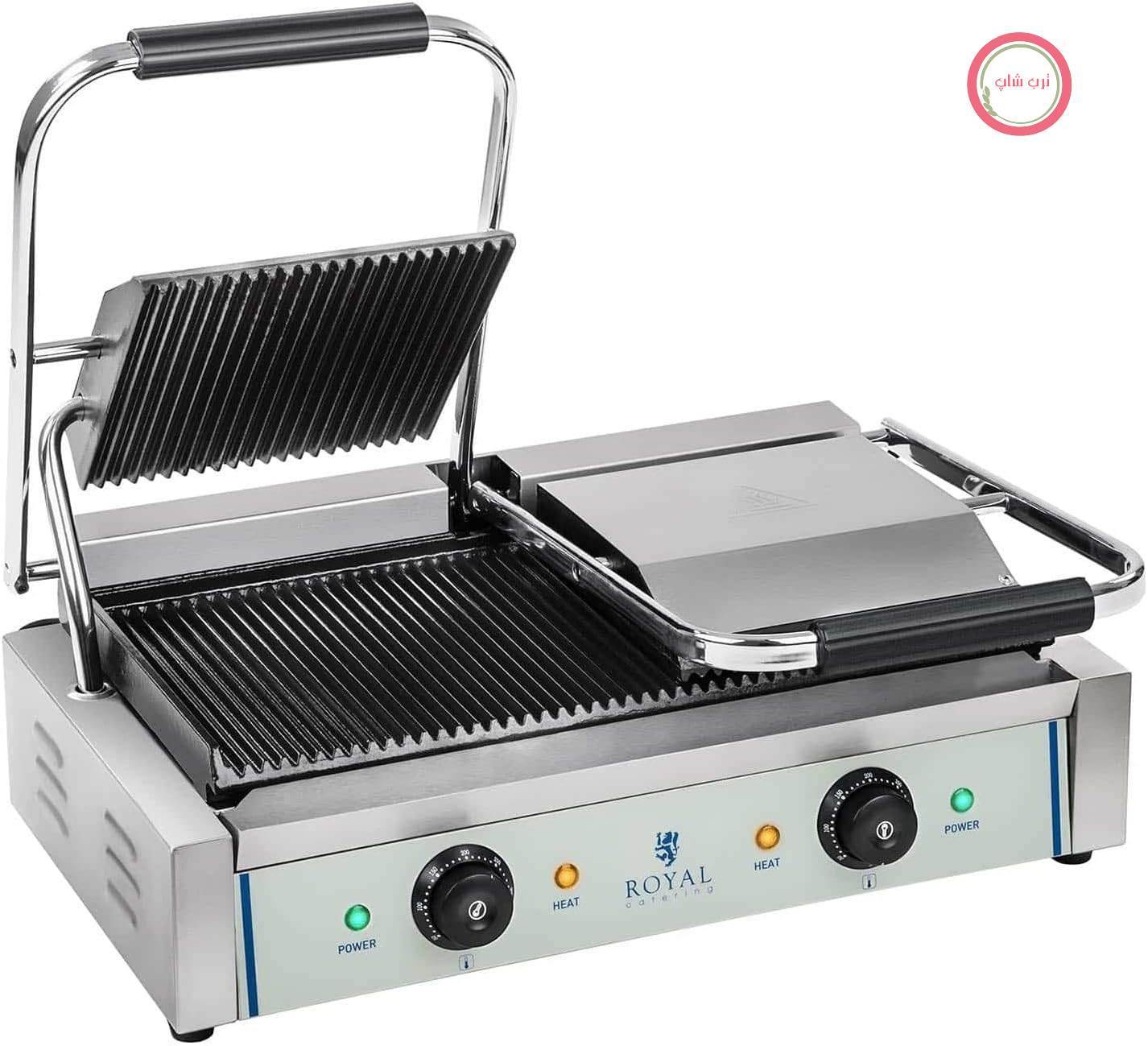رویال کترینگ RCKG-3600-G - ساندویچ ساز گریل رومیزی دو تماسی (2 عدد 1800 وات، 230 ولت، سینی جمع آوری چربی، شیاردار، استیل ضد زنگ، چدن)