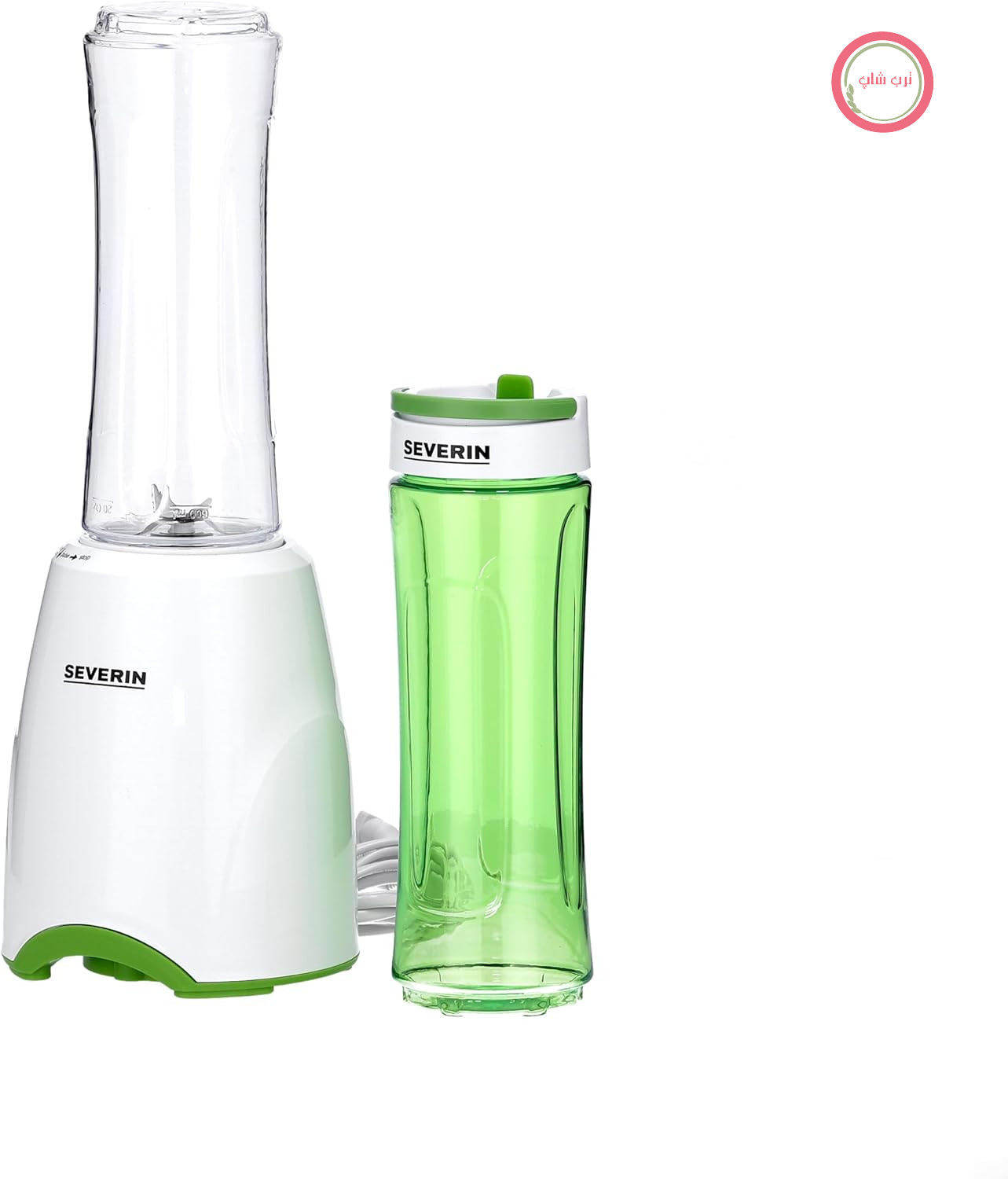 مخلوط کن اسموتی ساز سورین آلمان SEVERIN Smoothie Mix & Go، مخلوط کن اسموتی کاربردی با دو ظرف نوشیدنی 600 میلی لیتری قابل بسته شدن، ظروف To Go، مخلوط کن ایستاده، 300 وات، سفید-سبز، SM 3735