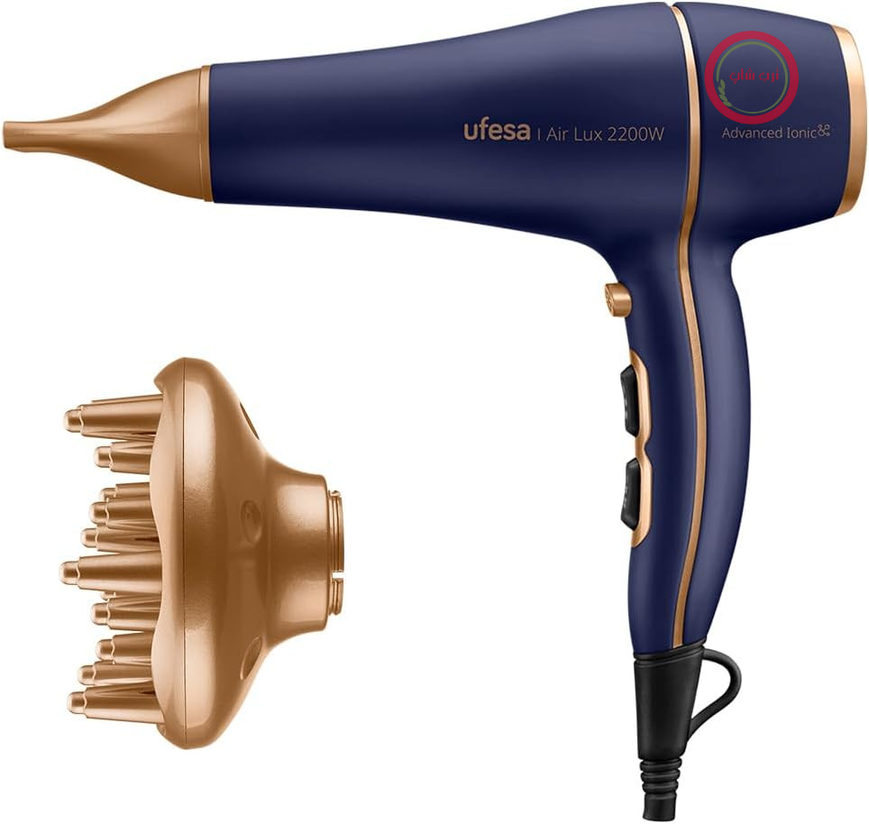 سشوار حرفه‌ای یوفسا اسپانیا Ufesa Air Lux، 2200 وات، موتور AC، فرها را از بین می‌برد، شامل پخش‌کننده و متمرکزکننده، 2 سرعت، 3 دما، کول شات، آبی/طلایی