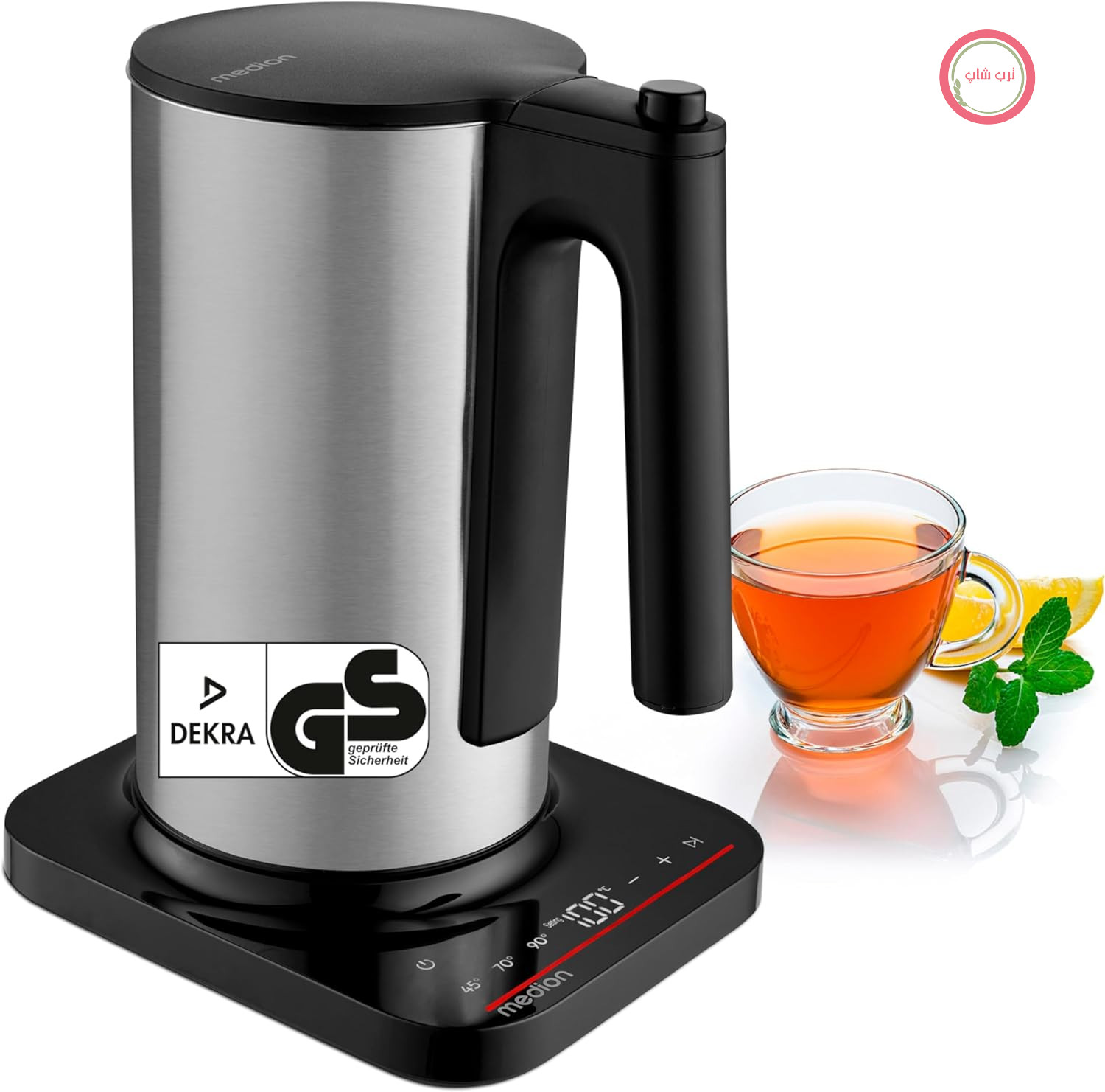 کتری دیجیتال MEDION LIFE MD12106، قدرت 2200 وات، ظرفیت 1.5 لیتر، صفحه نمایش LED، نوار نور LED، برنامه‌های خودکار، قفل کودک، نقره‌ای