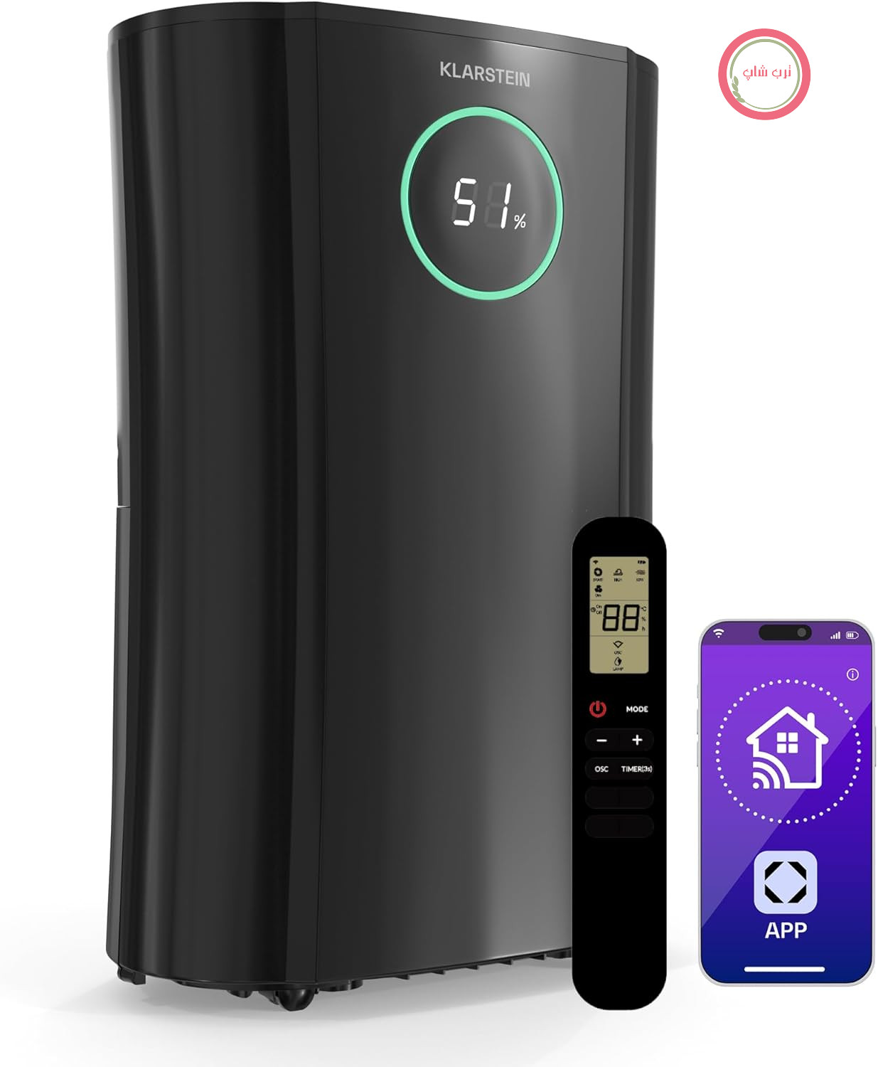 رطوبت‌گیر Klarstein DryFy ProConnect 24 لیتری - کنترل از طریق وای‌فای، تایمر 24 ساعته، مخزن 4 لیتری، فیلتر کربن فعال، سنسور رطوبت هوشمند، رطوبت‌گیر برقی برای اتاق‌هایی تا 36 متر مربع، مشکی