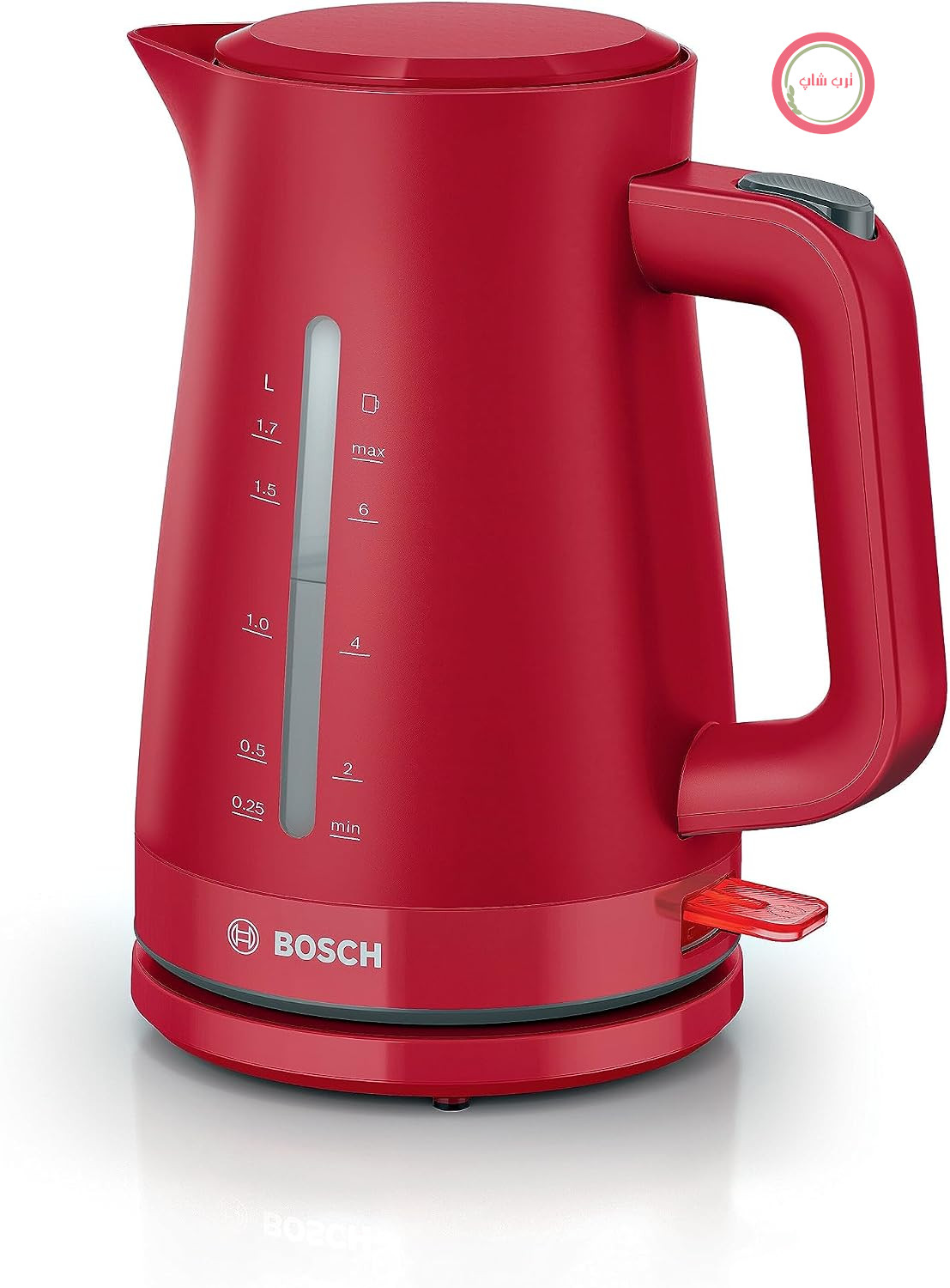 کتری بی‌سیم Bosch MyMoment TWK3M124، خاموش شدن خودکار، محافظت در برابر گرمای بیش از حد، نشانگر فنجان، نشانگر سطح آب در دو طرف، فیلتر رسوب آهک قابل جابجایی، 1.7 لیتر، 2400 وات، قرمز مات