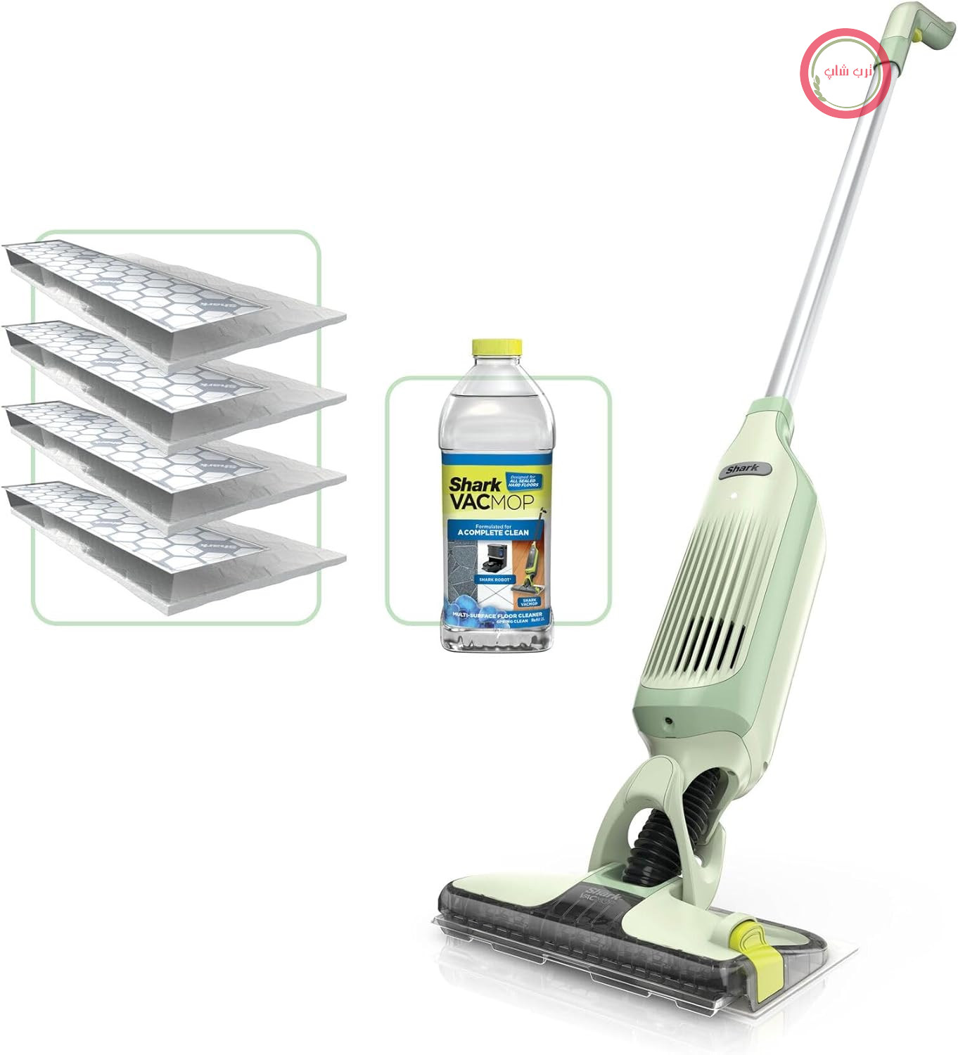 جاروبرقی بی‌سیم و اسپری تی Shark VacMop دو در یک برای سطوح سخت، ۴ پد یکبار مصرف، ۳۵۵ میلی‌لیتر پاک‌کننده کف برای سطوح مختلف، سبک وزن زیر ۲ کیلوگرم، تمیز کردن بدون نیاز به تعمیر و نگهداری، سبز لیمویی