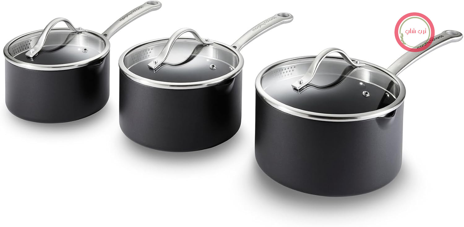 سرویس قابلمه سه تکه مورفی ریچاردز انگلستان Morphy Richards مدل ILAG از جنس آلومینیوم با درب شیشه‌ای حرارت دیده 16، 18 و 20 سانتی‌متر