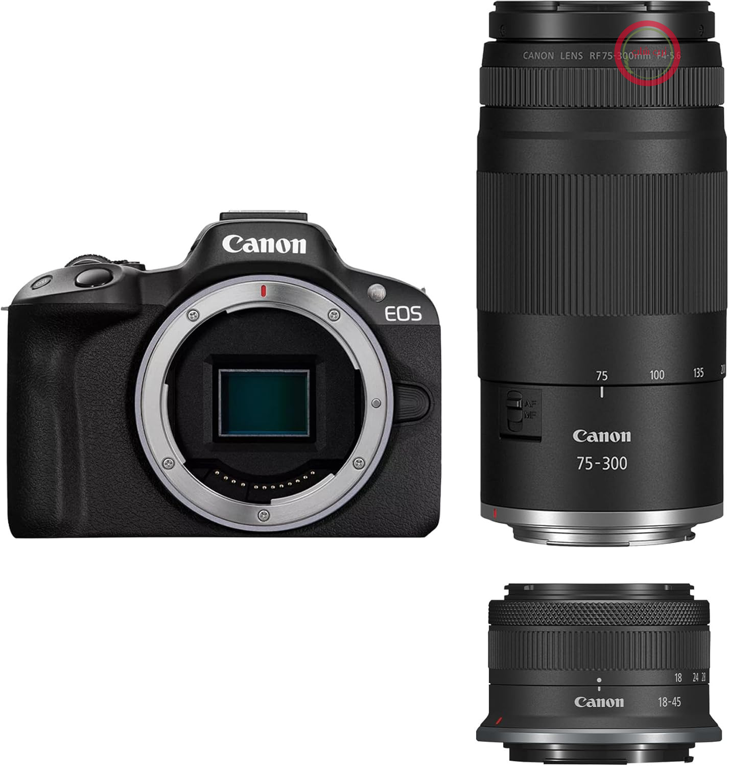 دوربین عکاسی و فیلم‌برداری کانن ژاپن EOS R50 + لنز RF-S 18-45 میلی‌متر + لنز RF 75-300 میلی‌متر با زوم دوگانه - دوربین بدون آینه (دوربین دیجیتال با فوکوس خودکار + تشخیص موتیف برای افراد، چشم، حیوانات، وسایل نقلیه، فیلمبرداری 4K) مشکی