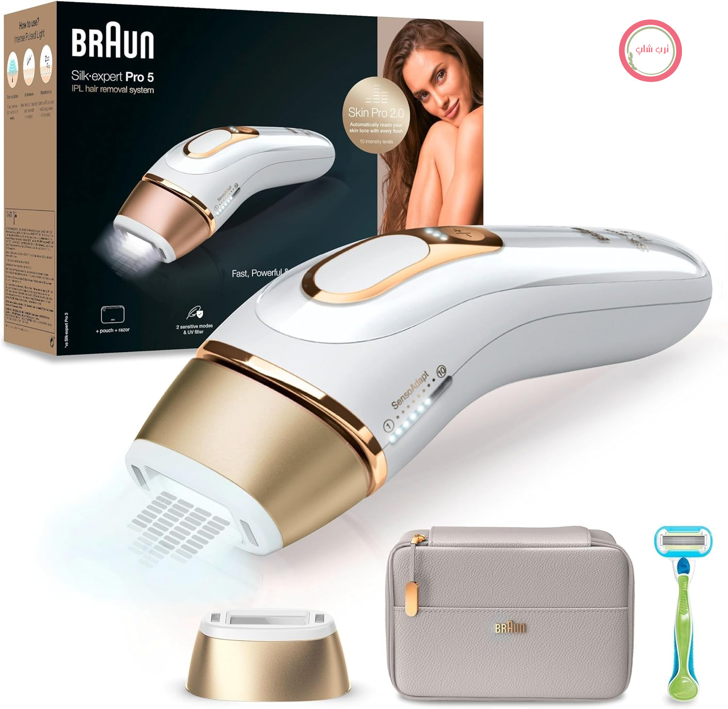 دستگاه رفع موهای زائد Braun IPL Silk Expert Pro 5 برای خانم‌ها/آقایان، رفع موهای زائد قابل مشاهده، طراحی شده در آلمان، تیغ Venus Extra Smooth، جایگزین لیزر موهای زائد، PL5054، سفید/طلایی