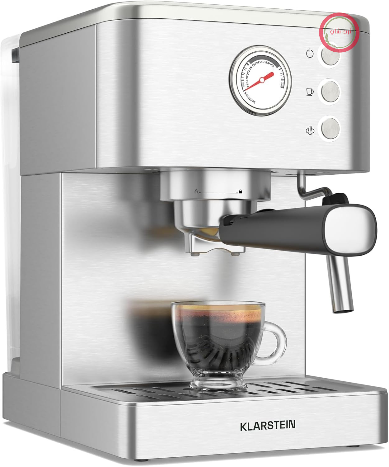 دستگاه اسپرسوساز Klarstein SteelPresso – 20 بار، 1350 وات، استیل ضد زنگ، عملکرد بخار، مخزن آب 1.5 لیتری، طراحی جمع و جور، کنترل‌های مکانیکی، صفحه گرم‌کننده