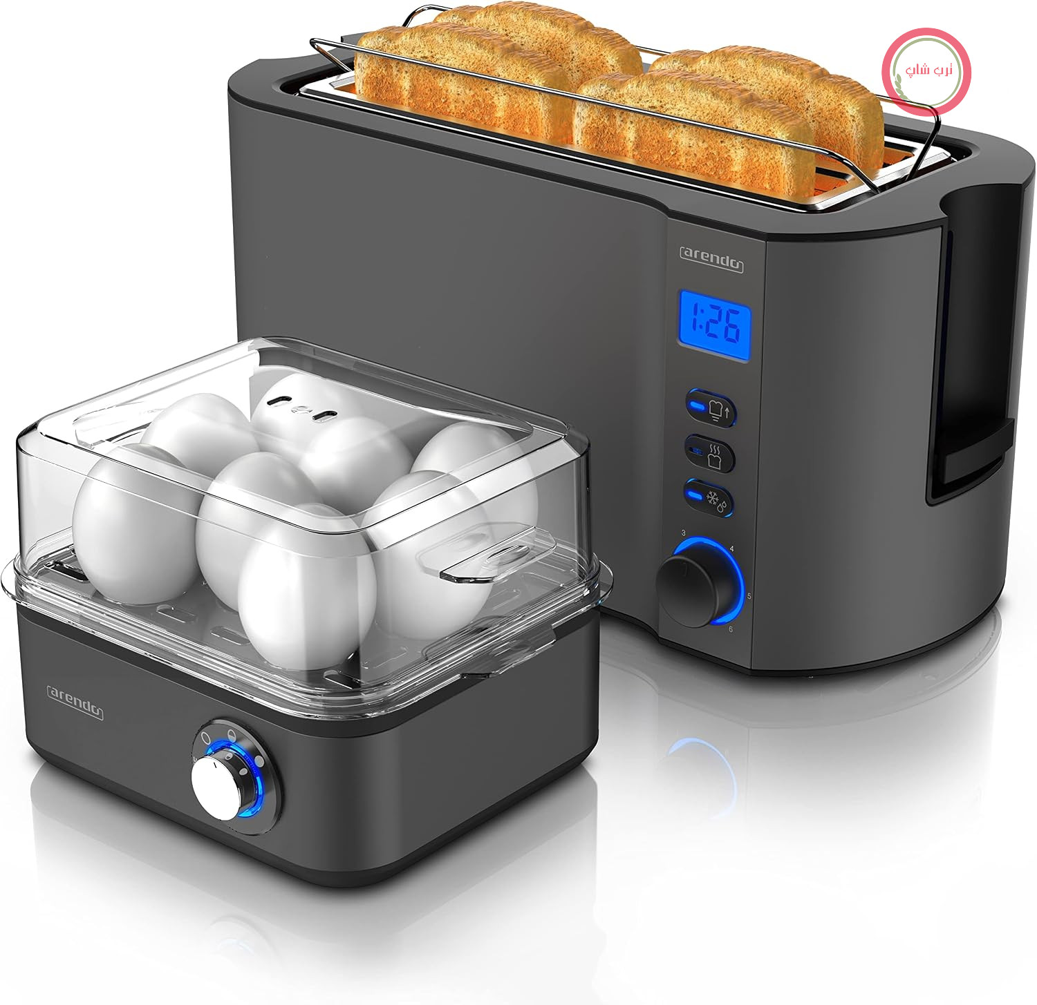 توستر Arendo SET MANHA با قابلیت پخت تخم مرغ EIGHTCOOK، توستر استیل ضد زنگ خاکستری خنک، نمایشگر ۴ برش، ۶ سطح برشته کردن، جای نان، قابلیت پخت تخم مرغ ۱-۸ عدد، پیمانه اندازه گیری