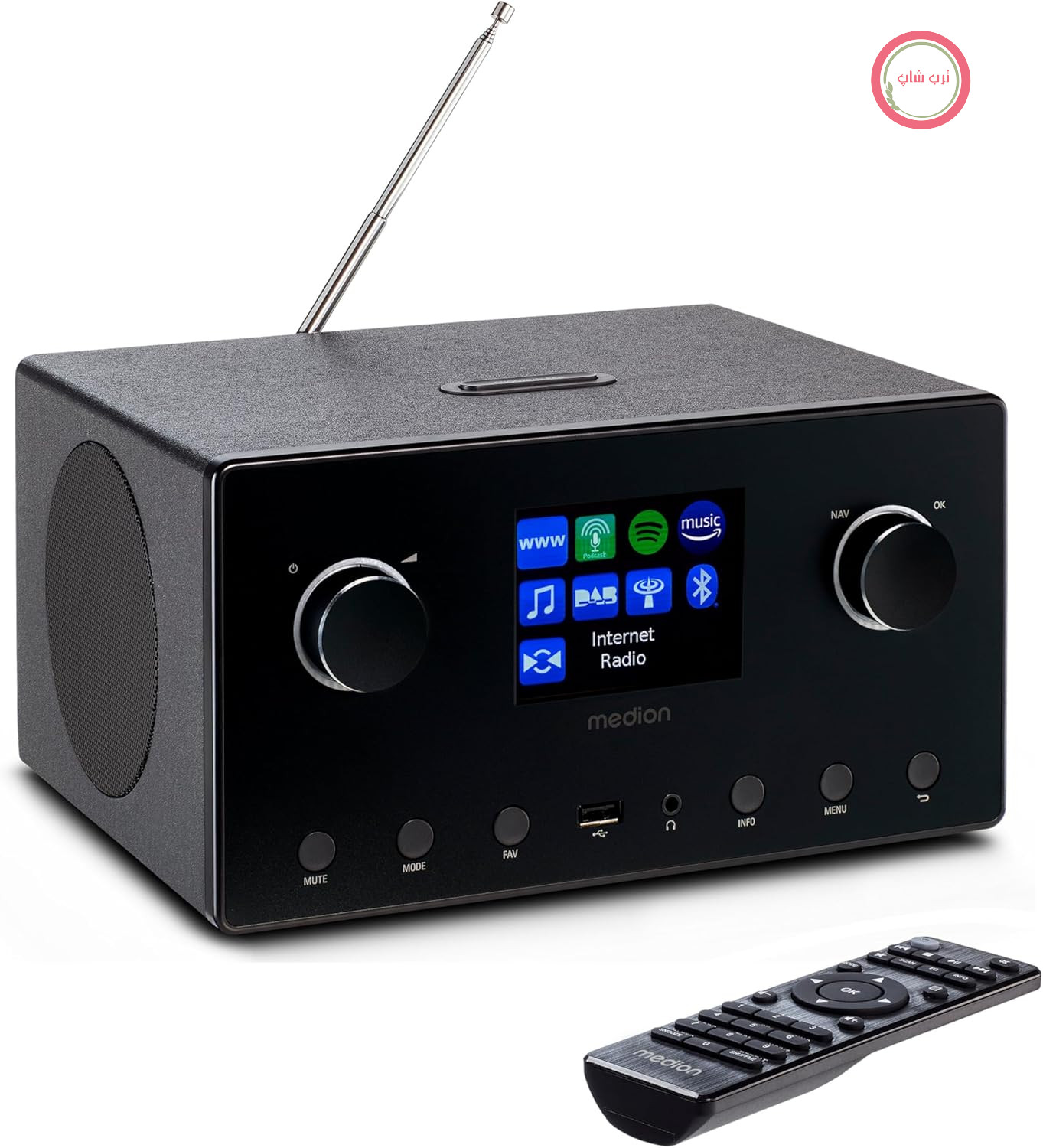 رادیو اینترنتی MEDION P85444 2.1 با ساب ووفر (DAB+، رادیو FM، Spotify Connect، WLAN، بلوتوث، پخش جریانی، اکولایزر، صفحه نمایش رنگی، USB، AUX، ساعت زنگ دار، عملکرد چرت زدن، تایمر خواب) مشکی