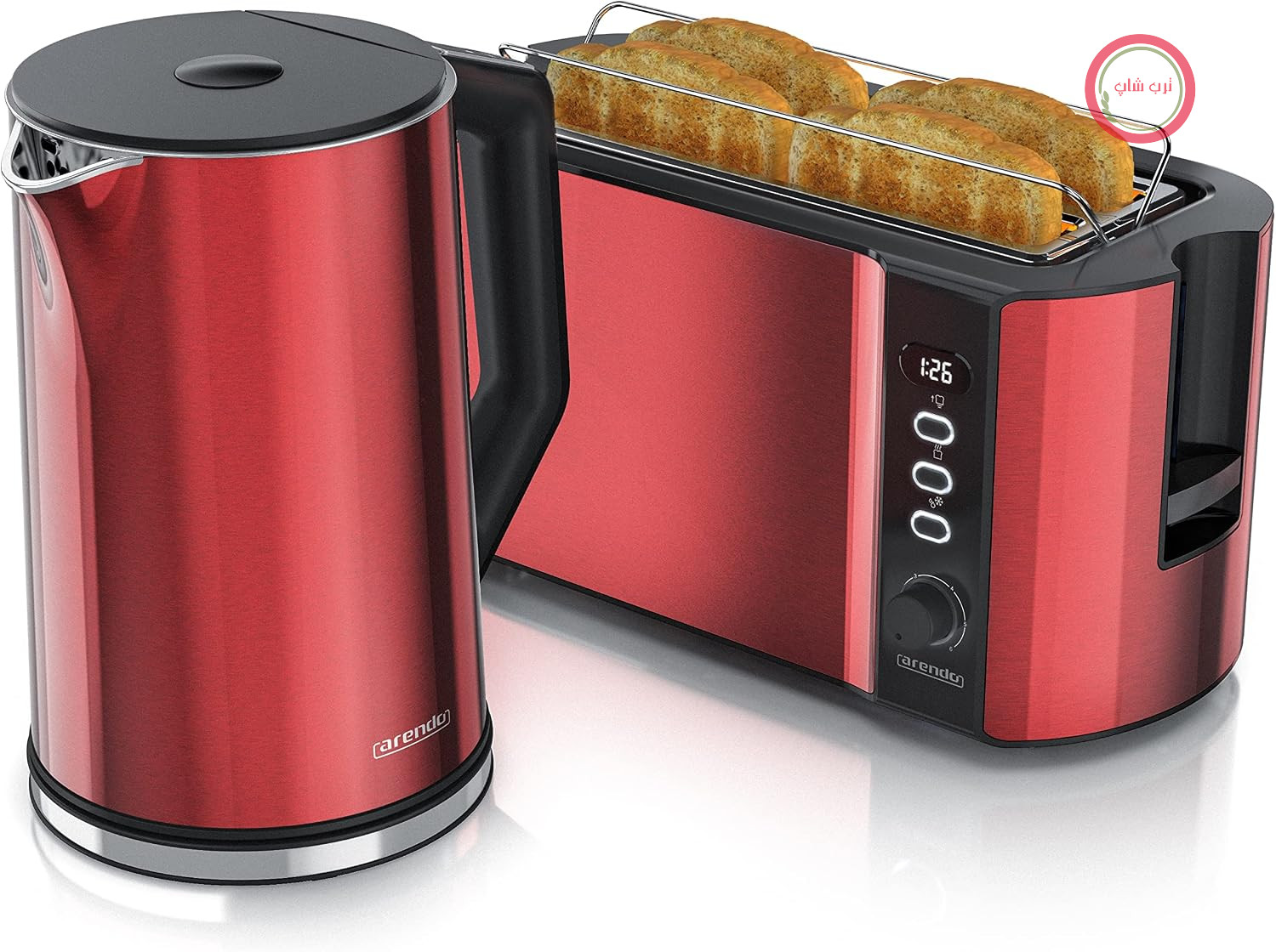 کتری برقی آرندو به همراه توستر، استیل ضد زنگ قرمز، کتری ۱.۵ لیتری، ۴۰ تا ۱۰۰ درجه سانتیگراد، قابلیت گرم نگه داشتن، توستر ۴ تکه، صفحه نمایش LED، ۶ سطح برشته کردن، ضمیمه نان رول