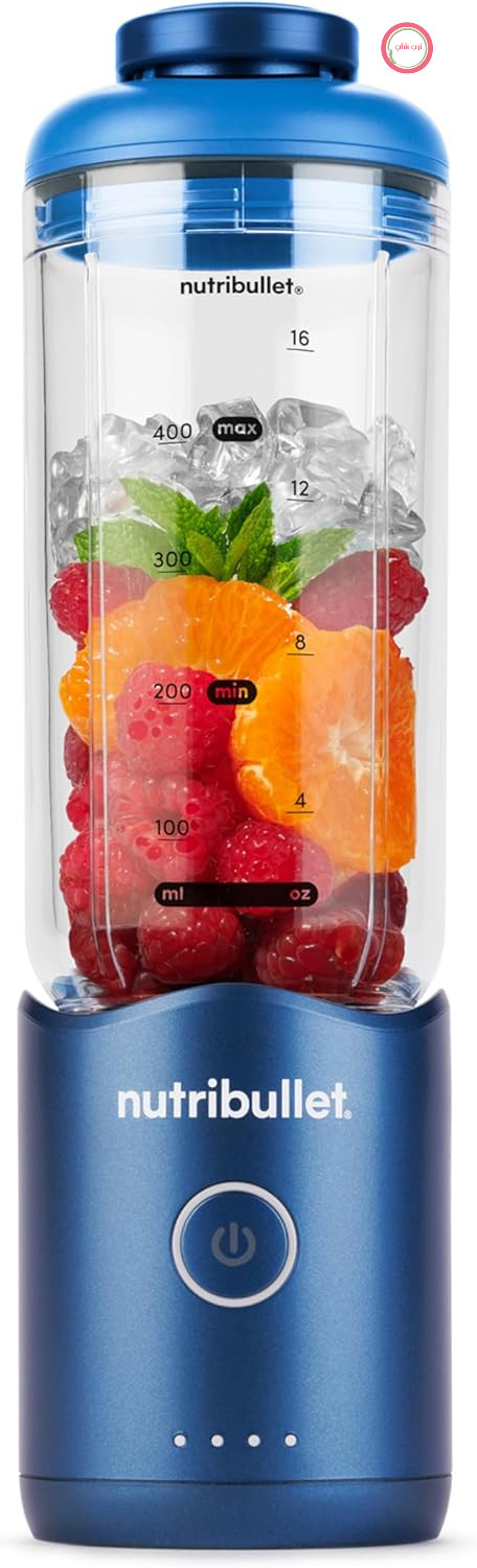 مخلوط کن اسموتی قابل حمل nutribullet Flex 590ml با درب قابل شستشو، قابلیت خرد کردن یخ و میوه های یخ زده، پورت USB-C، بند حمل، لیوان بدون BPA، تمیز کردن آسان، آبی (NBP013BL)