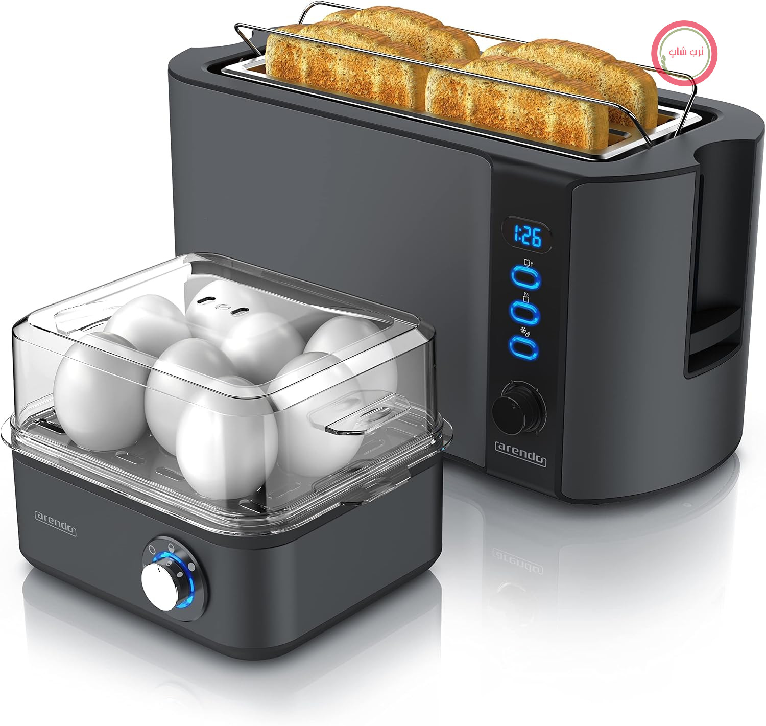 توستر آرندو مدل FRUKOST به همراه تخم مرغ پز EIGHTCOOK، توستر استیل ضد زنگ خاکستری خنک، ۴ برش، نمایشگر LED، ۶ سطح برشته کردن، جای نان، تخم مرغ پز ۱-۸ عدد، پیمانه اندازه گیری