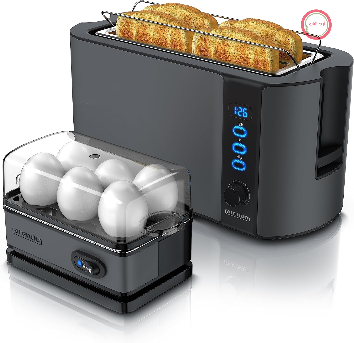 آرندو - دستگاه پخت تخم مرغ SIXCOOK با توستر FRUKOST، استیل ضد زنگ، خاکستری خنک، توستر ۴ تکه، صفحه نمایش LED، ۶ سطح برشته کردن، جای نان - پخت تخم مرغ ۱-۶ عدد، پیمانه مدرج