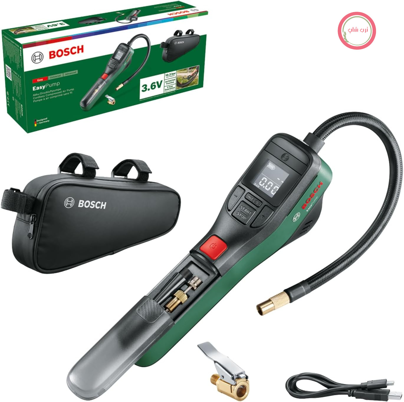 تلمبه دوچرخه برقی بوش آلمان Bosch مدل تلمبه باد/کمپرسور کوچک EasyPump (باتری 3.0 آمپر ساعت؛ 3.6 ولت