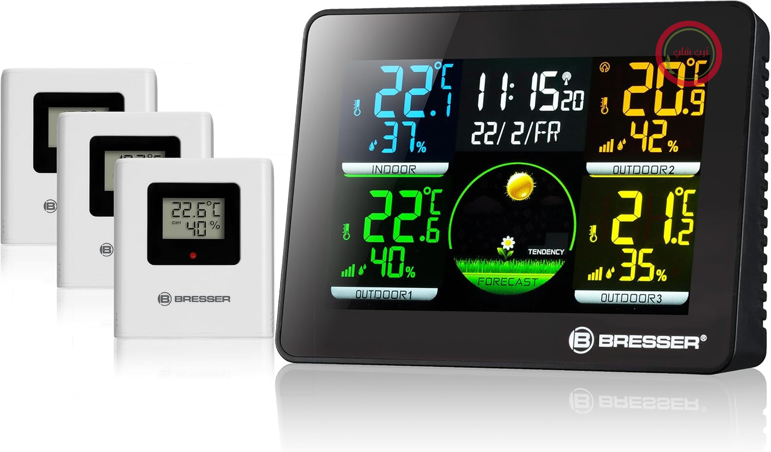 ایستگاه هواشناسی بی‌سیم Bresser 7000023 با سنسور خارجی Thermo Hygro Quadro NLX با ۴ نقطه اندازه‌گیری مختلف شامل ۳ سنسور خارجی برای دما و رطوبت | دماسنج و رطوبت‌سنج، هشدار کپک، توصیه تهویه، ۴ نقطه اندازه‌گیری، نمایشگر رنگی، روند آب و هوا