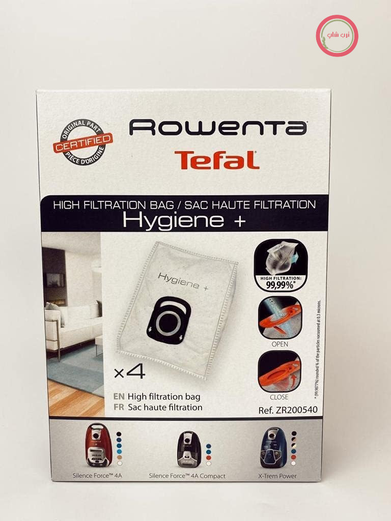 کیسه‌های جاروبرقی Rowenta Hygiene+، ۹۹.۹۹ درصد فیلتراسیون ریزذرات، بسته شدن خودکار کیسه بدون تماس با گرد و غبار، مسدود کننده بو، پلاستیک، ZR200540