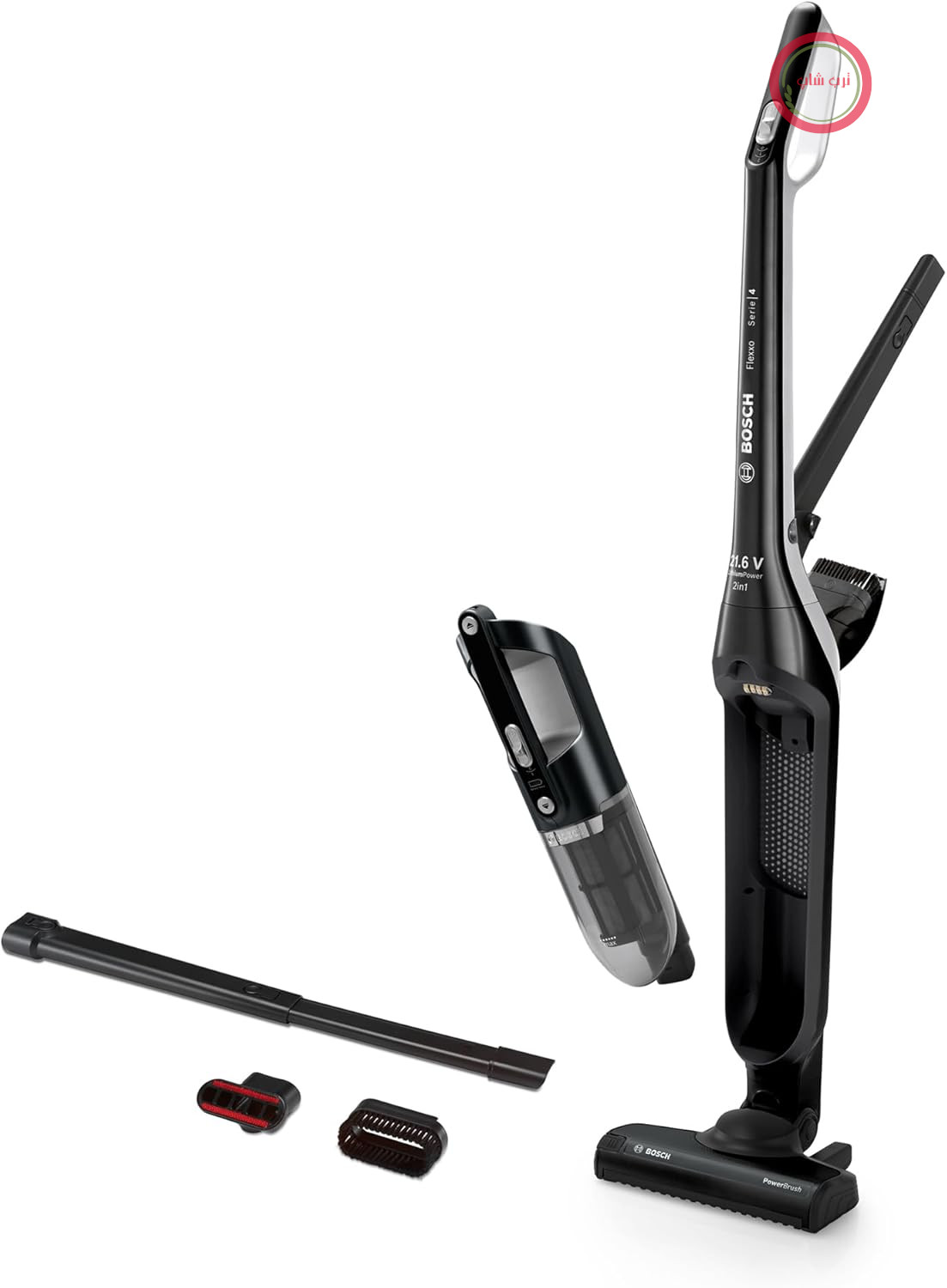 جاروبرقی بی‌سیم بوش مدل Flexxo 2in1 سری 4 مدل BBH32101، بدون کیسه، قدرت مکش بالا، زمان کارکرد طولانی، زمان شارژ کوتاه، ابزار تمیز کردن درز و شکاف، مناسب برای انواع سطوح، مشکی