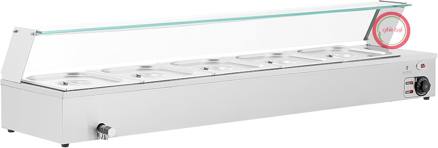 ظرف غذای گرم کن بن ماری 2000 وات مدل GN1/2/4 ساخت رویال کیترینگ با آب تخلیه و شیر آب، مناسب برای حمام و سرویس بهداشتی